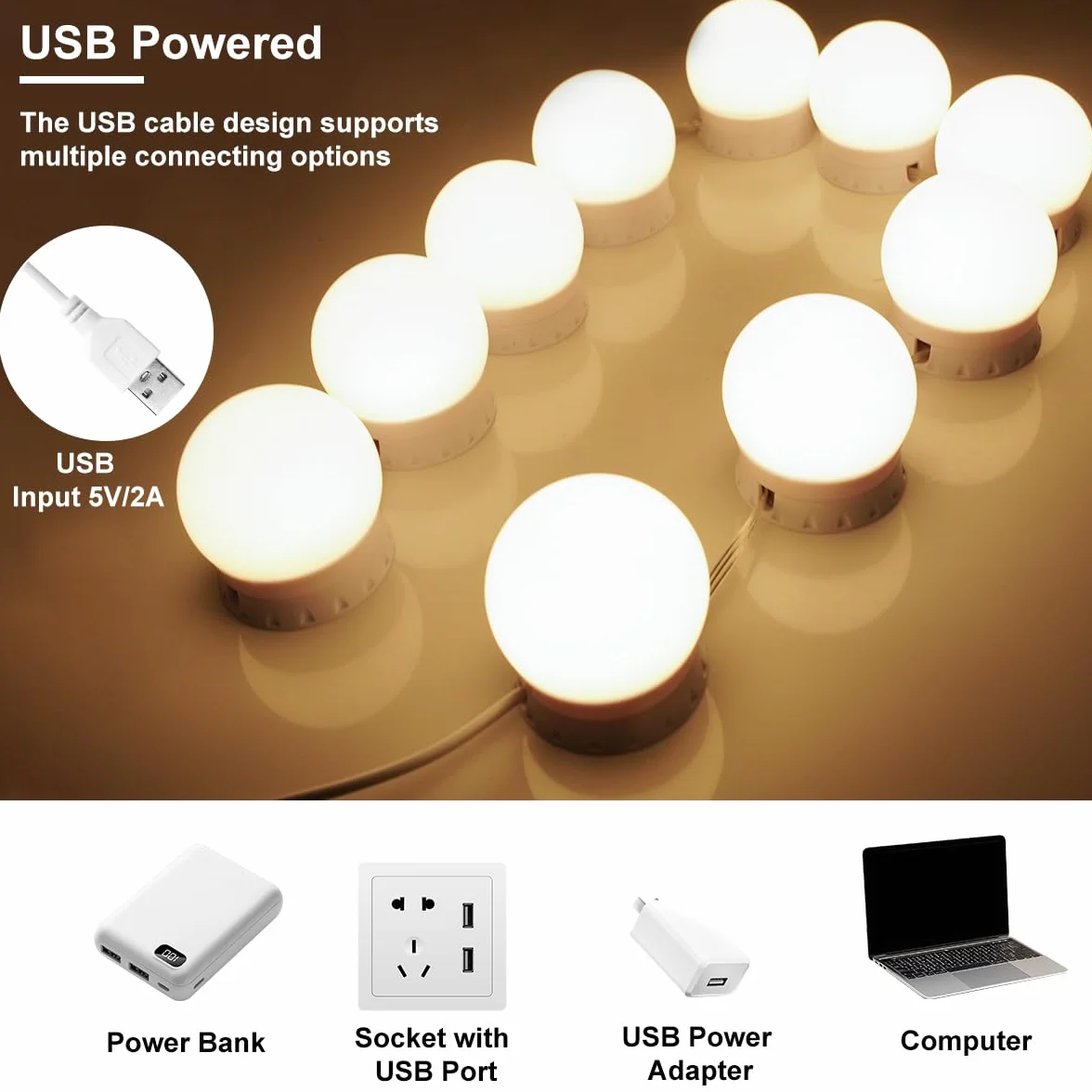 Lampki LED do Luster Kosmetycznych, Lampki Kosmetyczne z 10 Żarówkami z Regulacją Jasności, 3000K 4000K 9000K i 10 Poziomami Regulacji Jasności, do Makijażu, Garderoby, Łazienki