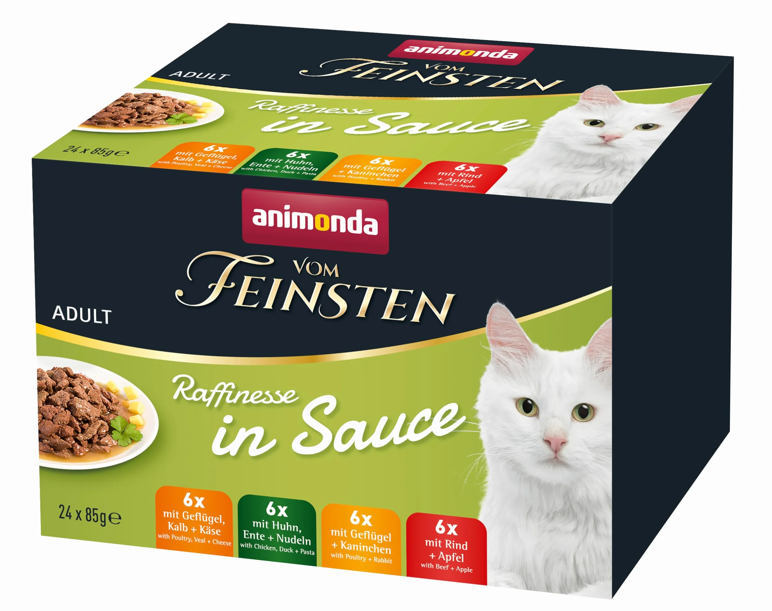 animonda vom Feinsten Premium karma dla kotów mokra w sosie wyrafinowanym, 24 worki porcjowe (24 x 85 g), mokra karma dla kotów bez zbóż, bez cukru, ze świeżymi mięsistymi składnikami