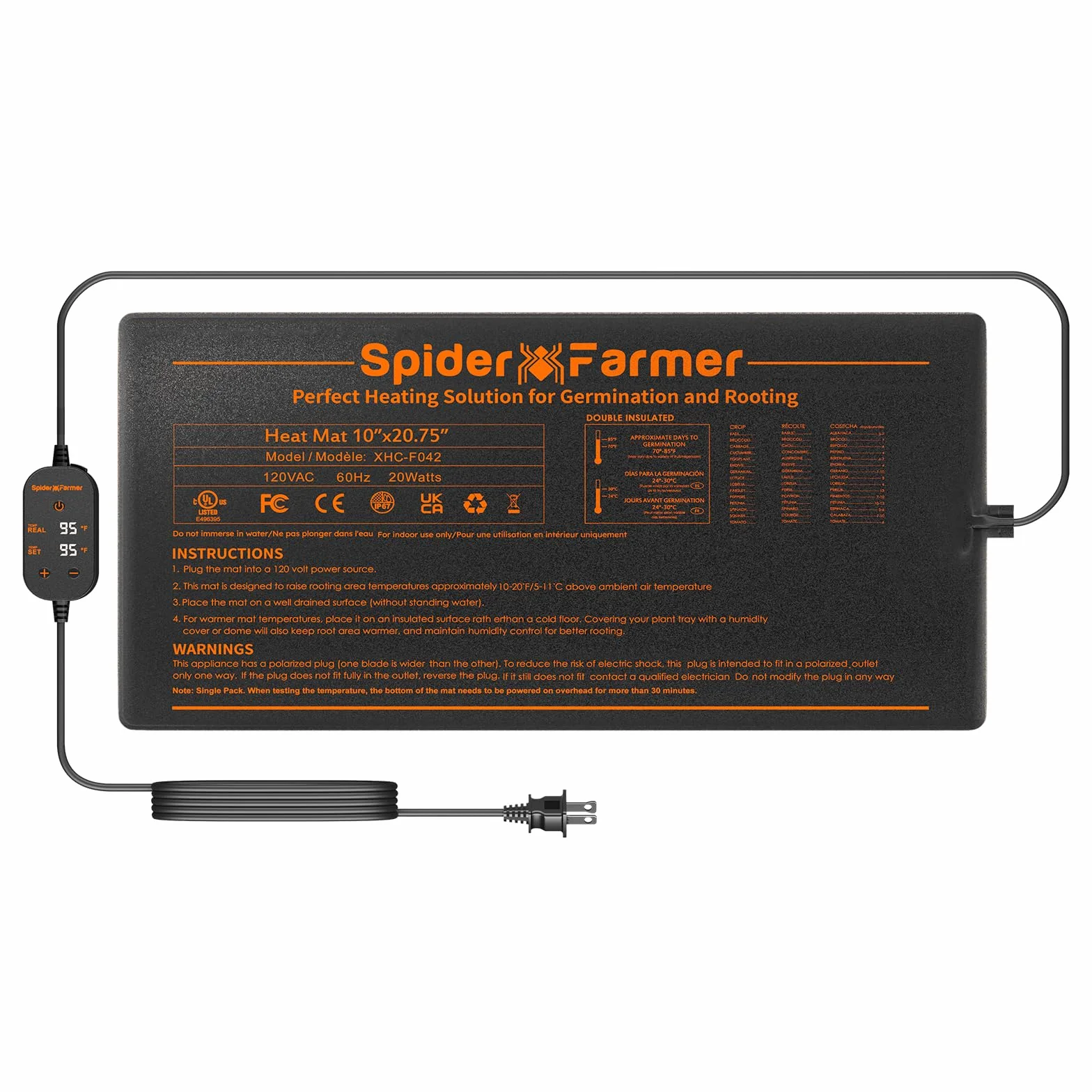 Spider Farmer Mata grzewcza do roślin z regulatorem termostatu, poduszka grzewcza do szklarni i zwierząt domowych