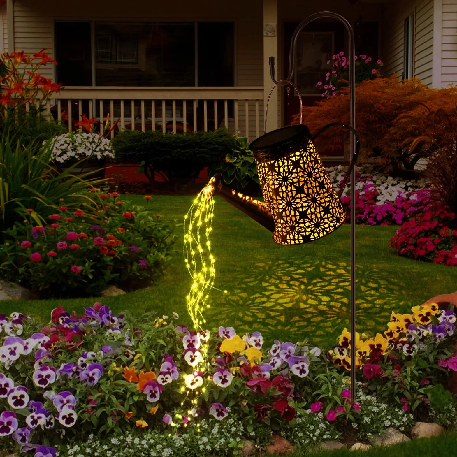 GuKKK Solarna konewka z łańcuchem świetlnym, zewnętrzna lampa solarna LED, IP65, z haczykiem, oświetlenie ogrodowe imitujące podlewanie, do ścieżki ogrodowej na dziedzińcu balkonowym, gwiazda