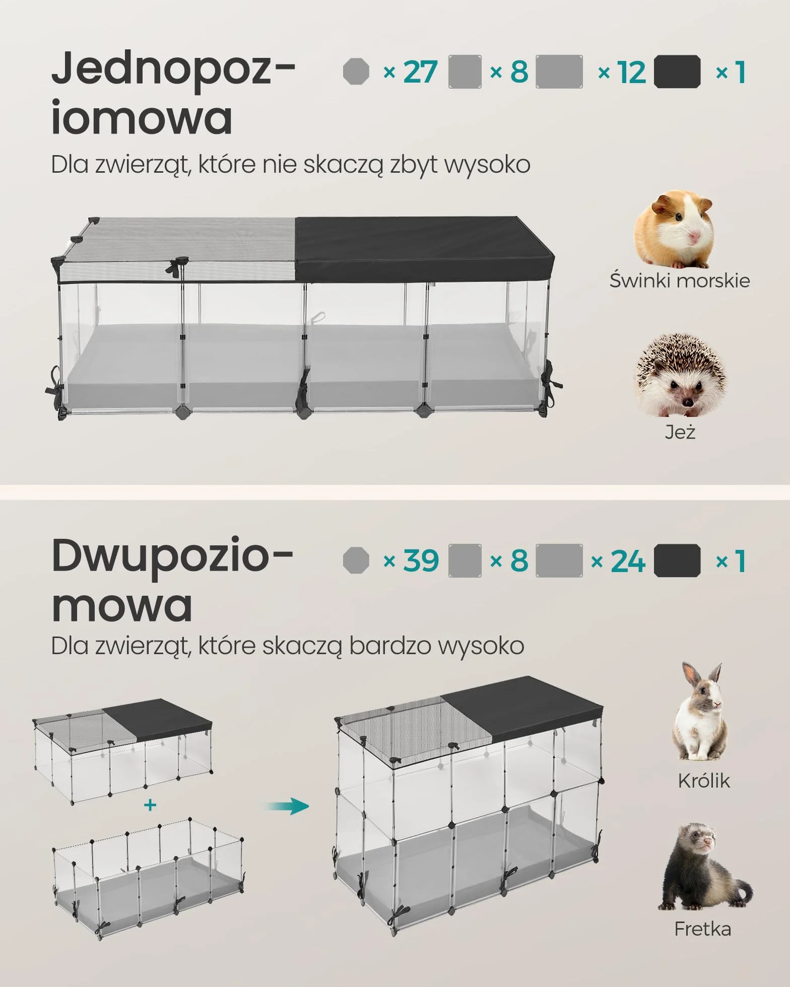 SONGMICS Ogrodzenie dla małych zwierząt, półprzezroczyste panele, oddychająca tkanina, wodoodporna mata, dla królika, jeża, świnki morskiej, fretki, 144 x 74 x 47 cm, biała chmura LPC015W01
