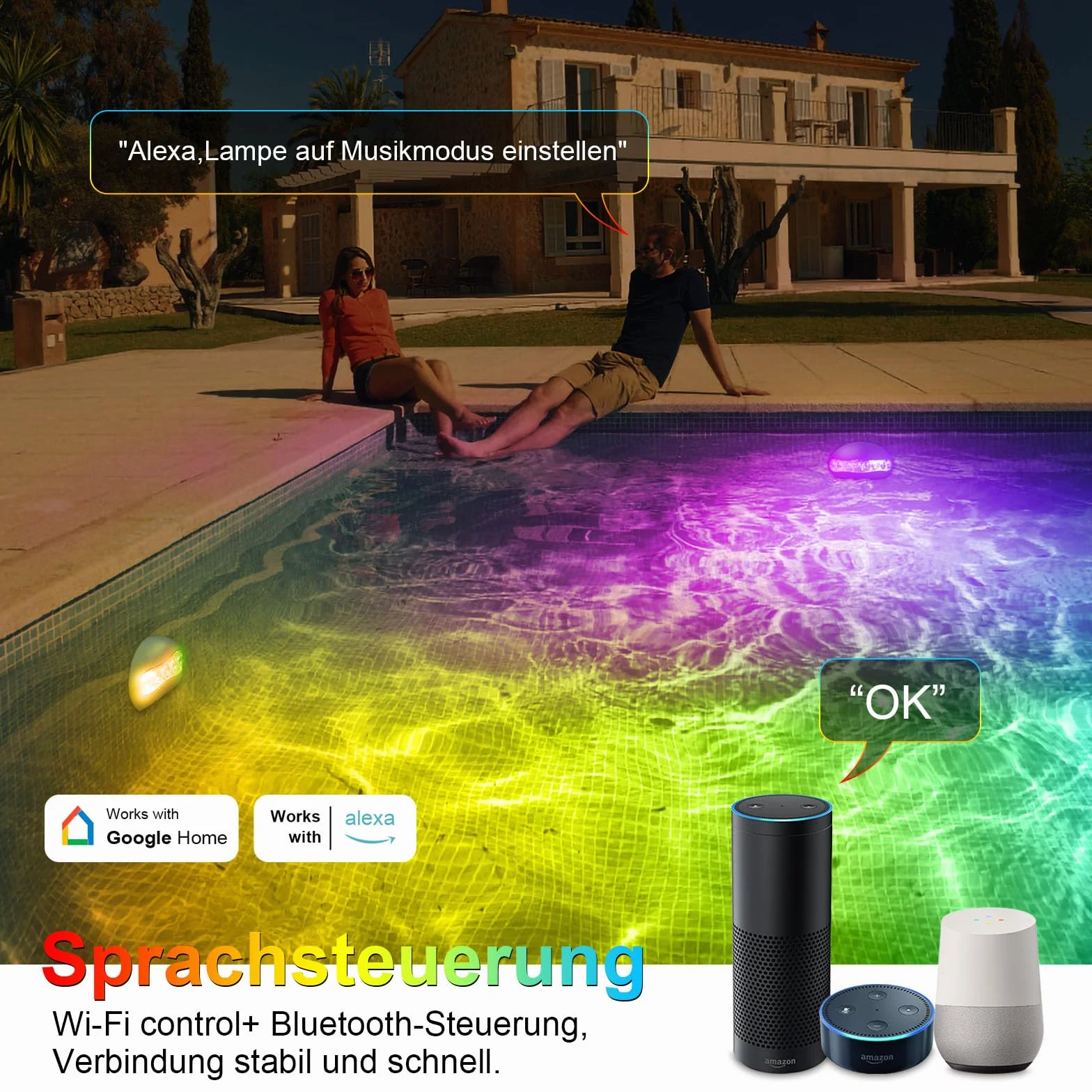 Wifi Intelligence RGB+IC 15 W LED Światło basenowe z pilotem, podwodne, tryb muzyczny, współpracuje z asystentem Google Home/Alexa, DC5V IP68 z kablem 5M