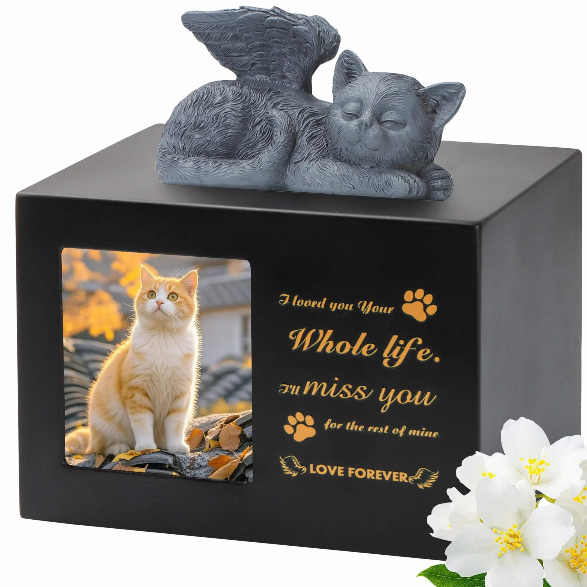 Pet Urns for Cat, Pet Memory Box, Black Wooden Cat Urns for Ashes, w zestawie z figurką kota z żywicy i aksamitną torbą do przechowywania prochów