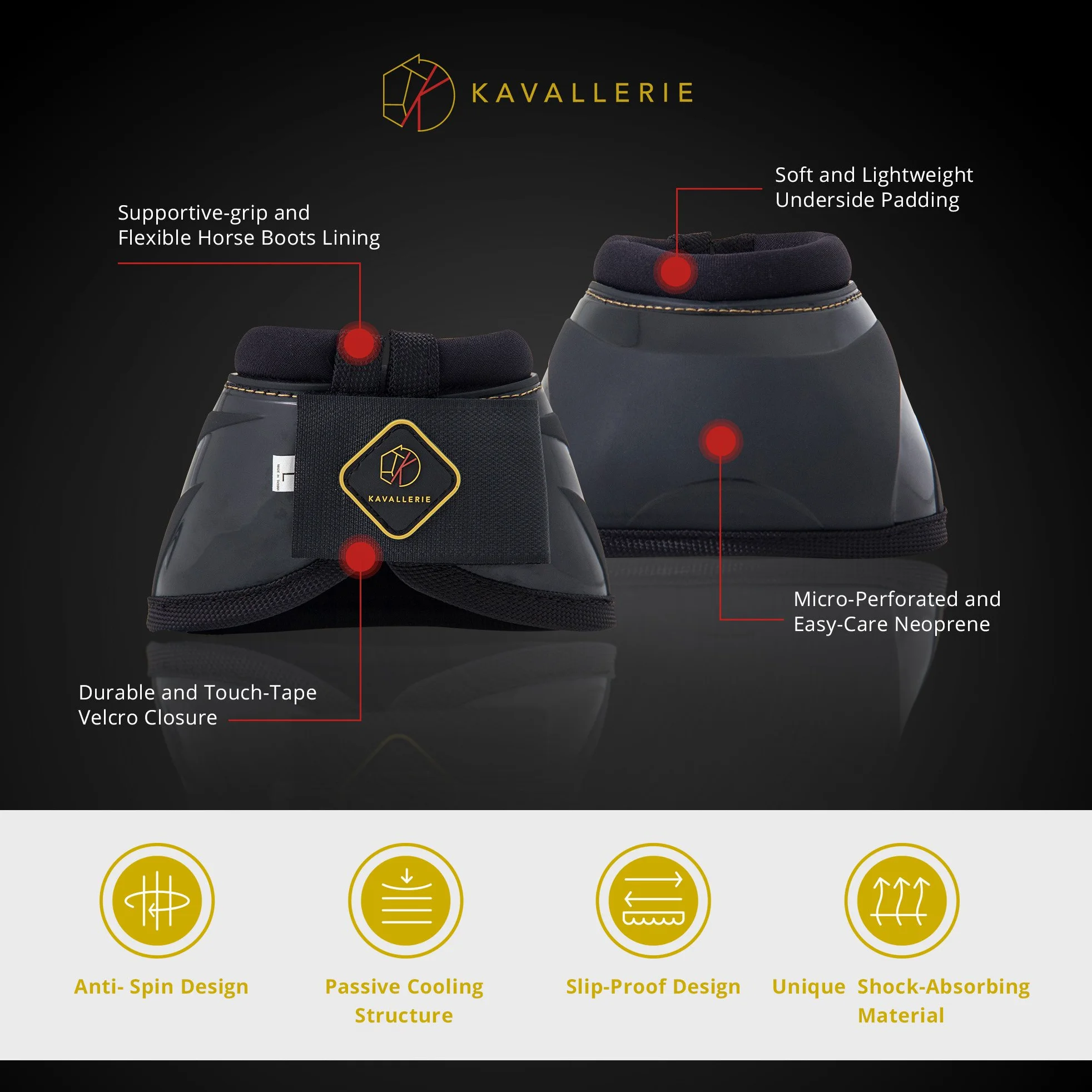 Kavallerie PRO-K Miękkie buty bez obracania się dzwonków, najlepsza ochrona kopyt, z systemem mocowania zapobiegającego obrotom, trwałe i zapobiegające nadmiernemu zasięgnięciu M-czarne
