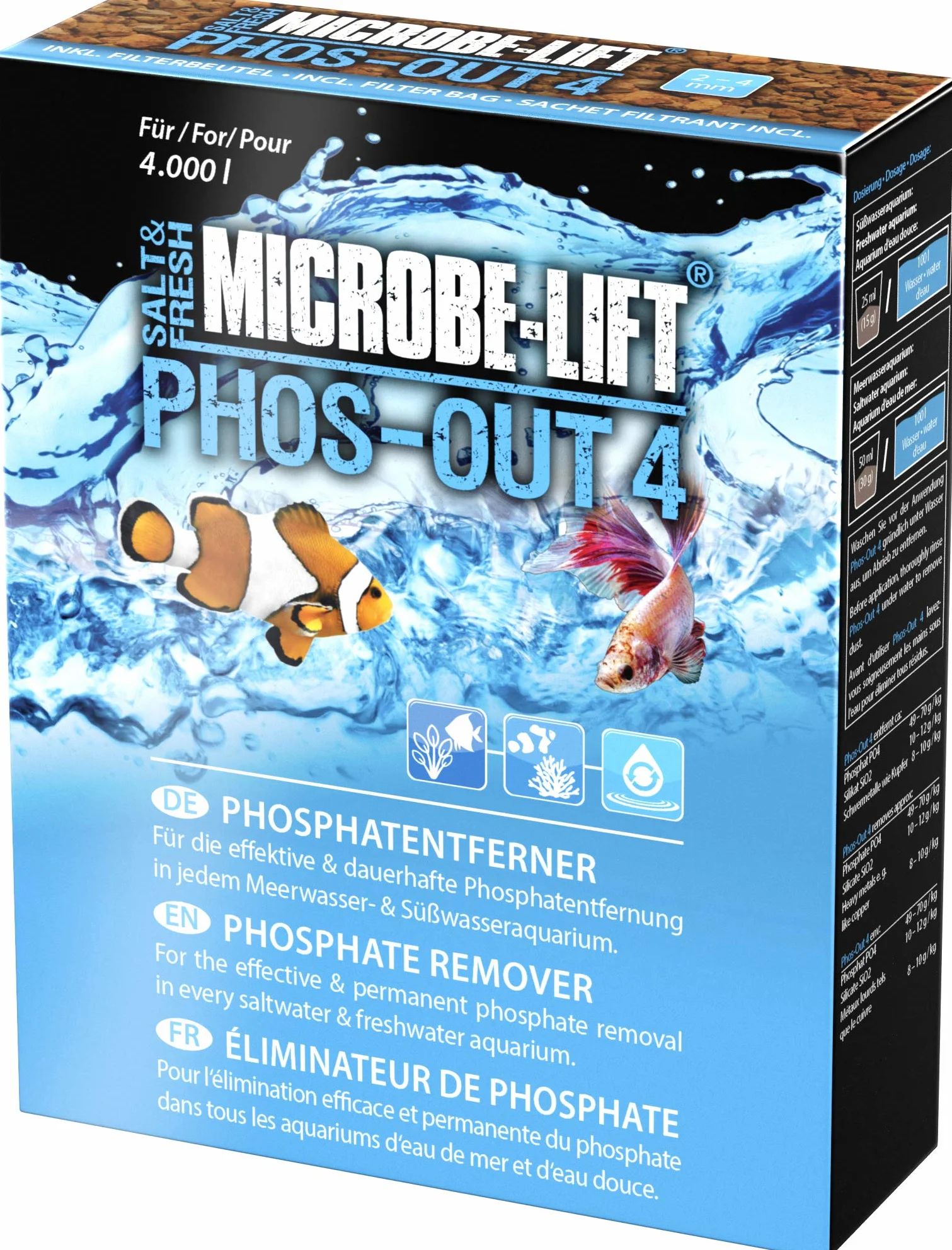 MICROBE-LIFT Phos-Out 4 medium filtracyjne - środek do usuwania fosforanów do wszystkich akwariów, usuwa fosforany, krzemiany, siarczki i substancje żółte, na bazie wodorotlenku żelaza, 312g