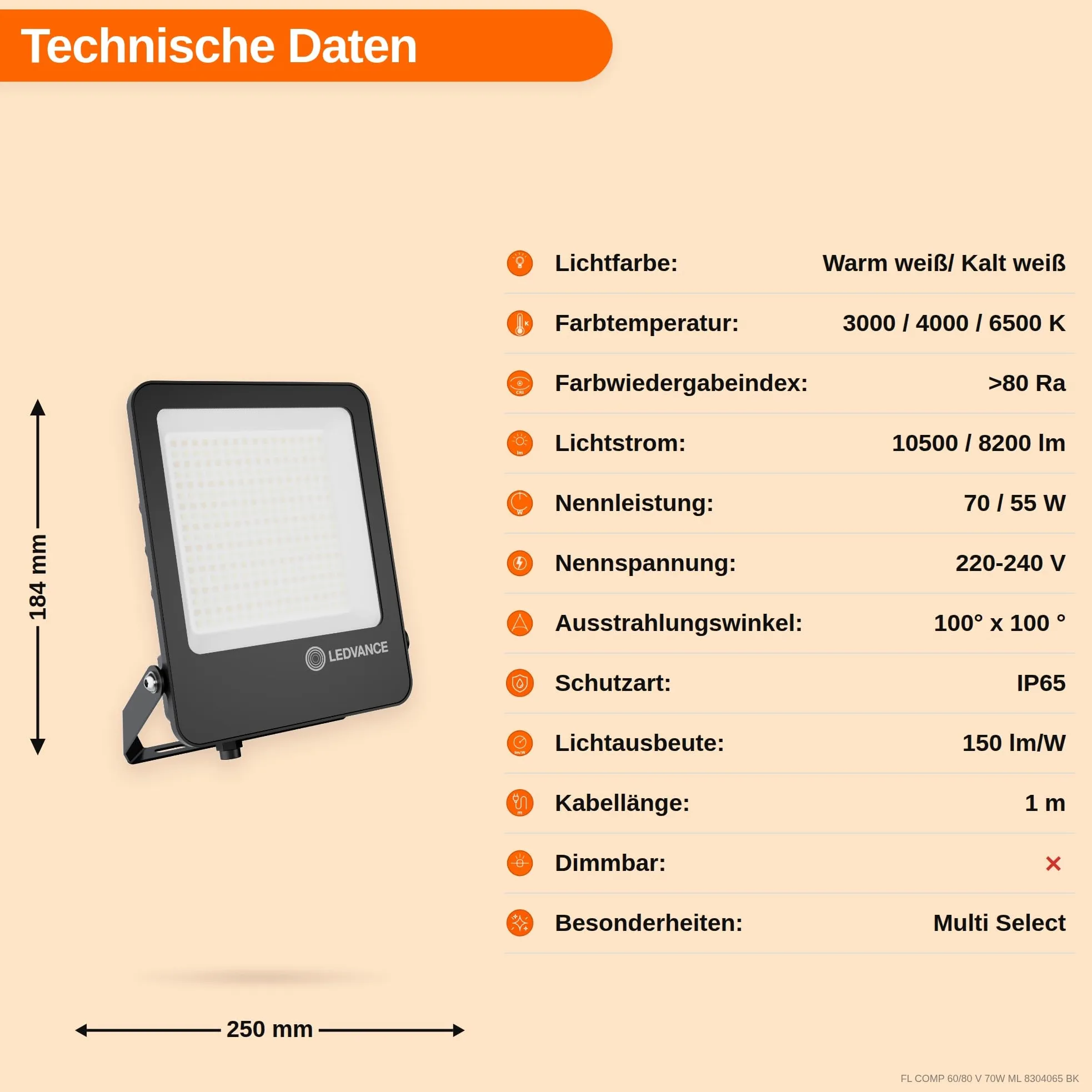 LEDVANCE Lampa LED Floodlight Compact Gen 2, 70 W, czarny, aluminium, kabel, 3000K-6500K