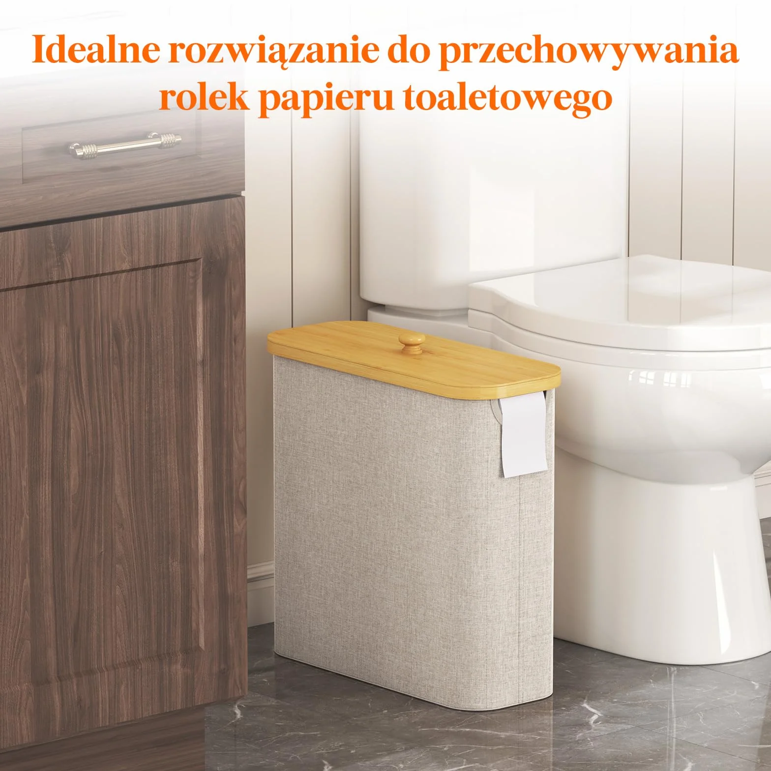 Lifewit Przechowywanie rolek papieru toaletowego, pudełko do przechowywania łazienkowego uchwyt stojak z pokrywką, bambusowy wielofunkcyjny kosz szafka na papier toaletowy z uchwytem, beżowy, 30L