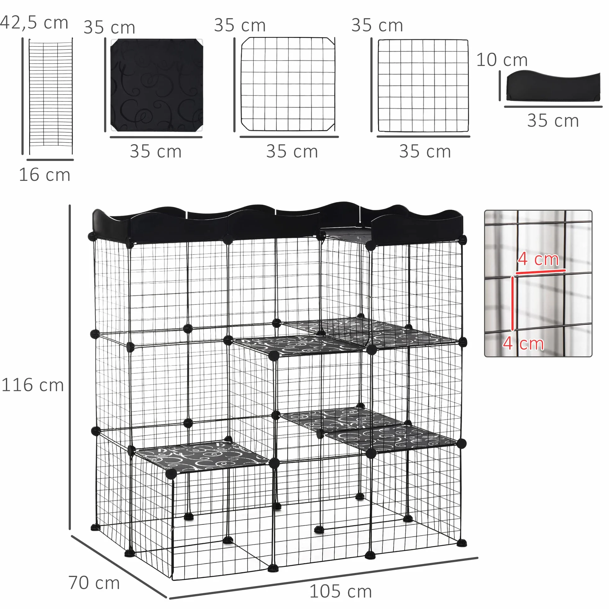 PawHut Klatka dla kotów, kojec dla małych zwierząt, kotów, norek, modułowy, 3 poziomy, 2 drzwi, rampa, metalowy drut, 105 x 70 x 116 cm, czarna