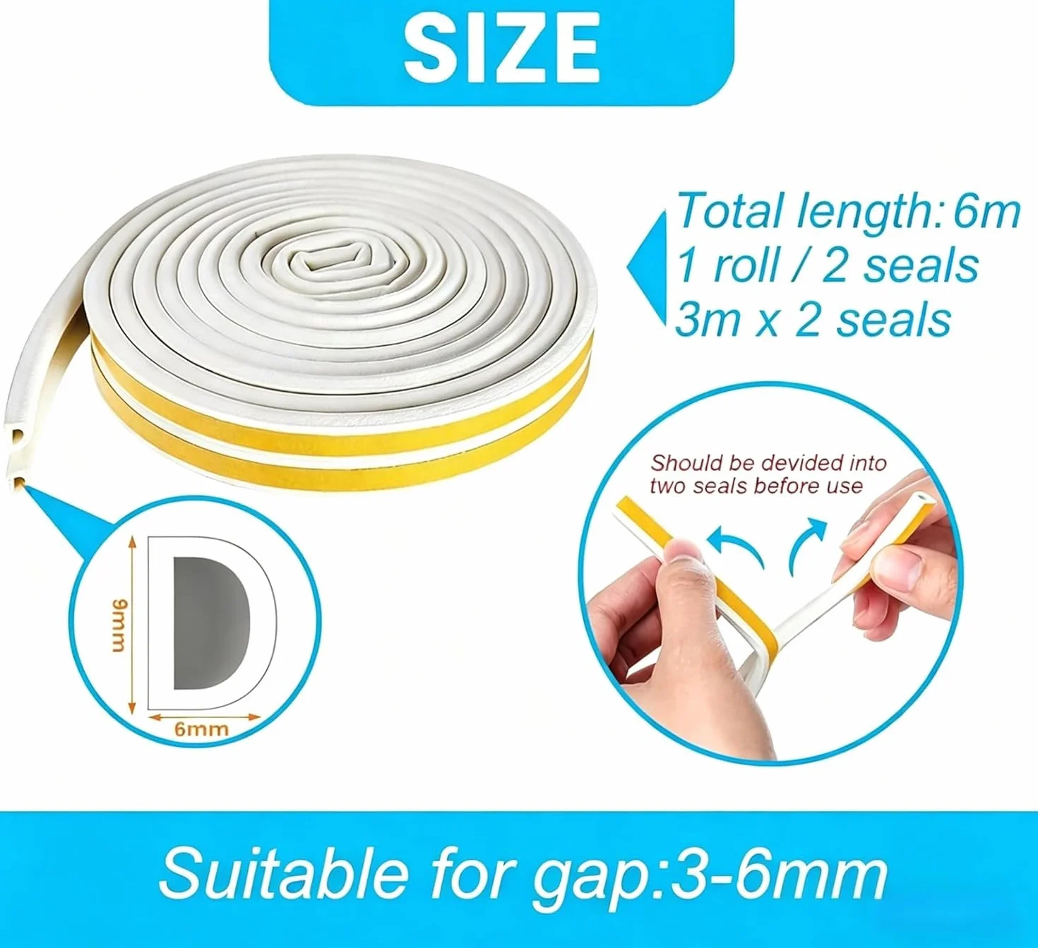 Taśma uszczelniająca do drzwi, okien, samoprzylepna, piankowa taśma uszczelniająca, typ D, odporna na zimno/dźwiękoszczelna/wodoodporna, pyłoszczelna, 3 m x 2 uszczelki, łącznie 6 m, biała