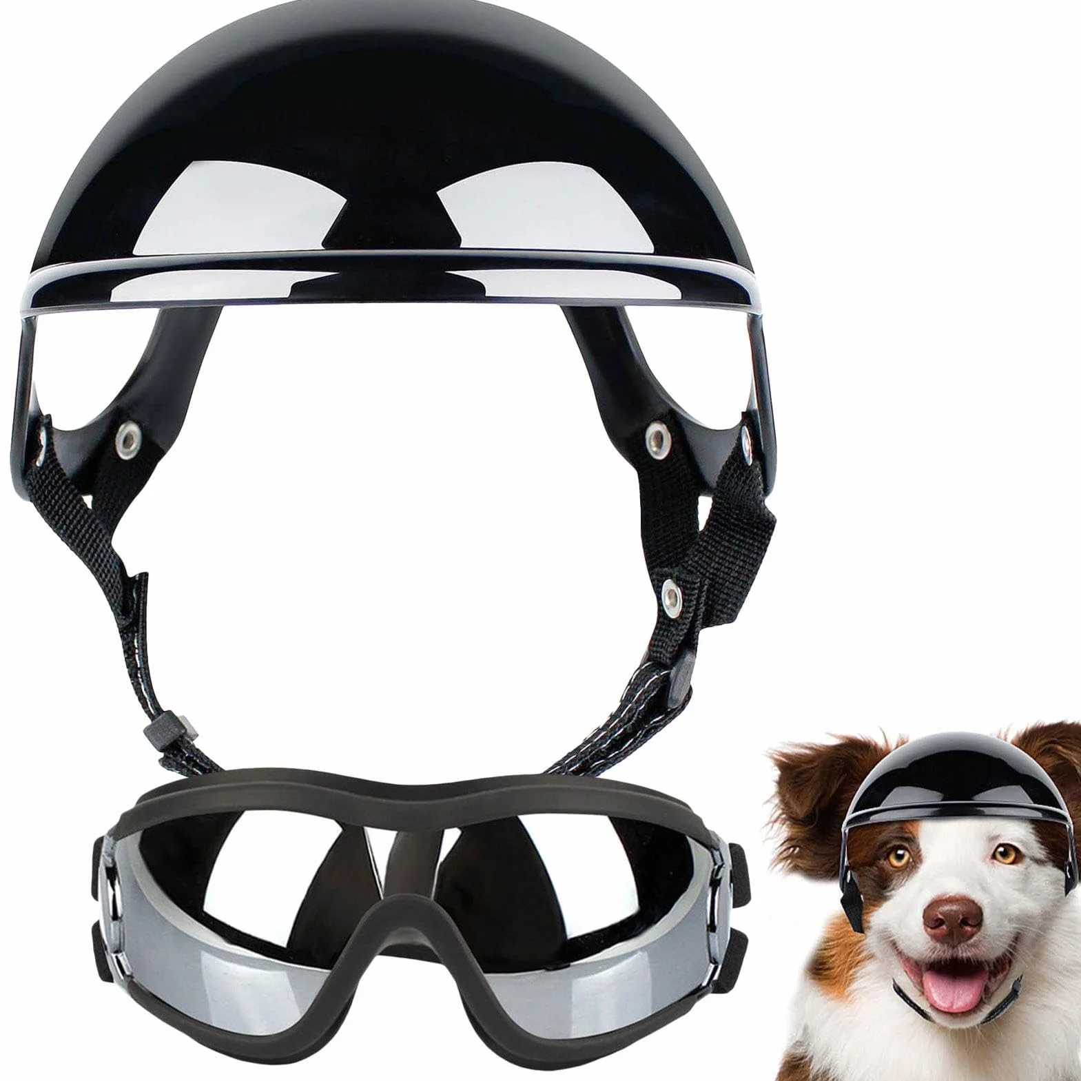Kask i gogle dla psa zestaw kask i gogle dla psów, okulary przeciwsłoneczne dla psów regulowane czapki dla psów osłona głowy dla małych, średnich i dużych psów S//L (kod L kask sportowy +01 srebrny)