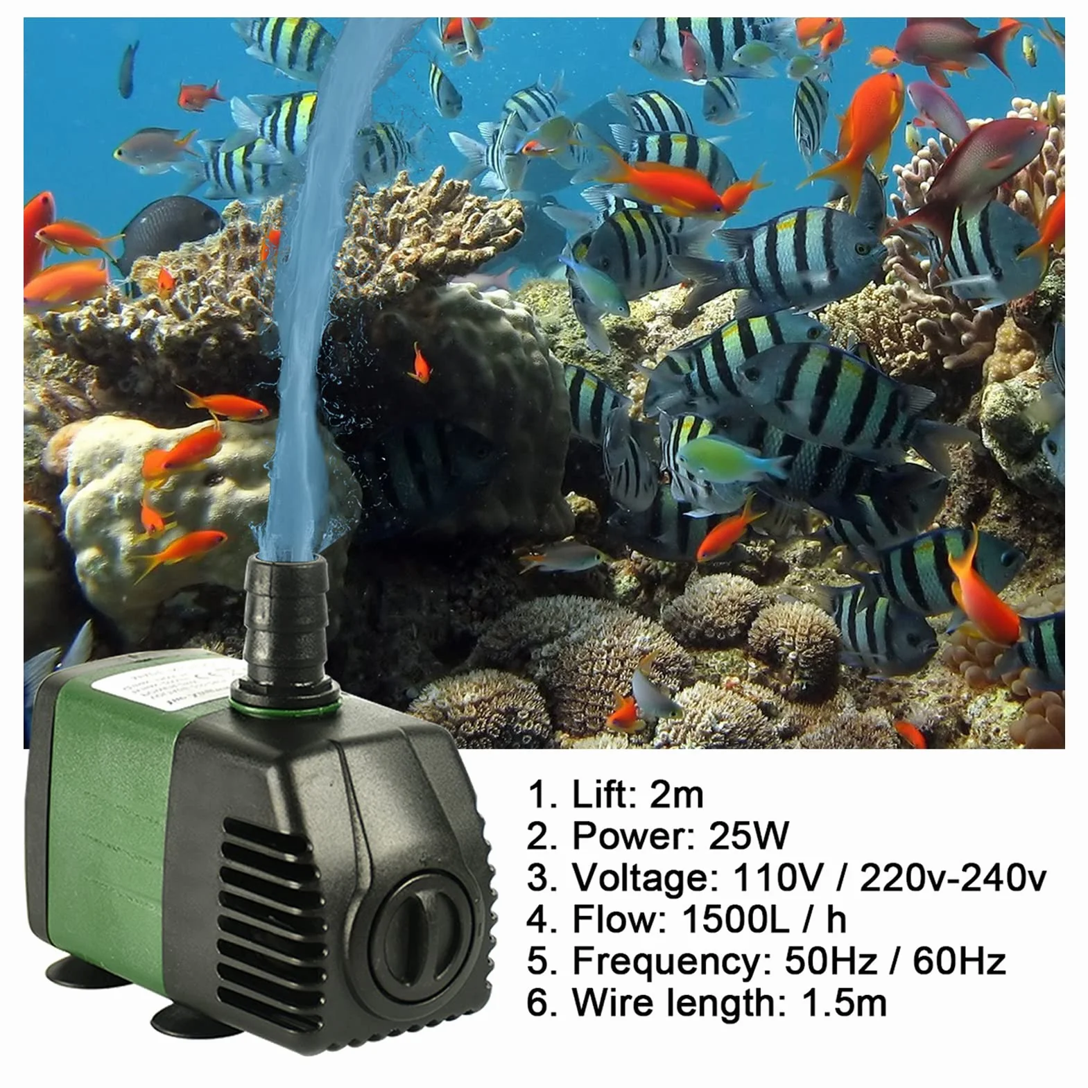 pompa wodna 25 W, 1500 l/h, wodoszczelna, 2 dysze do stawu, studni, akwarium, ogrodu, oczka wodnego, akwarium