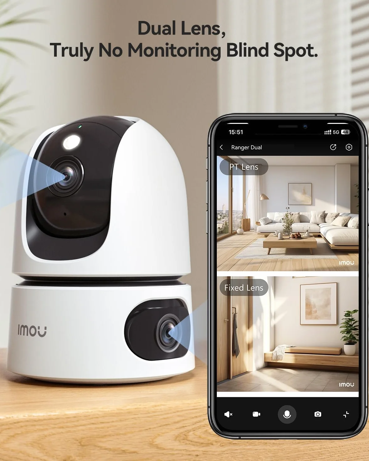 Imou Podwójna kamera do monitoringu 4 MP + 4 MP, do użytku wewnątrz z WiFi 2,4/5 GHz, rozpoznawanie osoby / zwierząt domowych, 360° PTZ WLAN, noktowizor, inteligentne śledzenie, 2-drożne audio, syrena