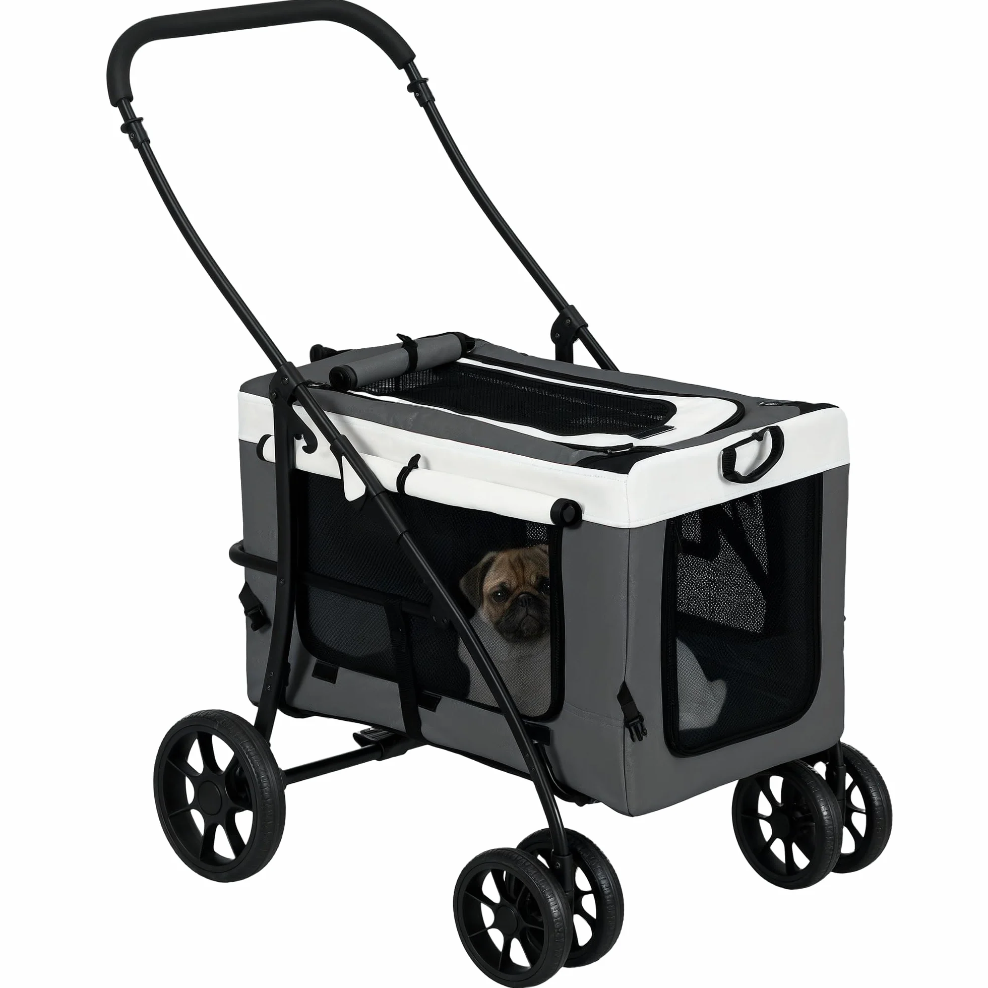 PawHut 2 w 1 składany wózek dla psów i kotów do 10 kg, buggy z poduszkami, siatkowymi oknami, drzwiami i koszem, szary
