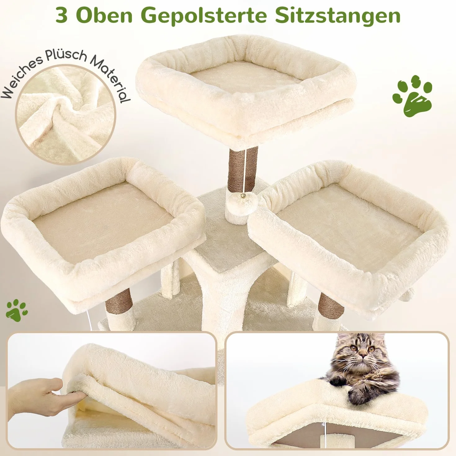 Globlazer Drapak do drapaka, beżowy, duży rozmiar XXL, wysokość 204 cm, z 3 wyściełanymi drążkami, 2 domki dla kotów, 2 kosze, hamak, luksusowe drzewko dla kotów, stabilne, dla 3-5 dorosłych kotów do