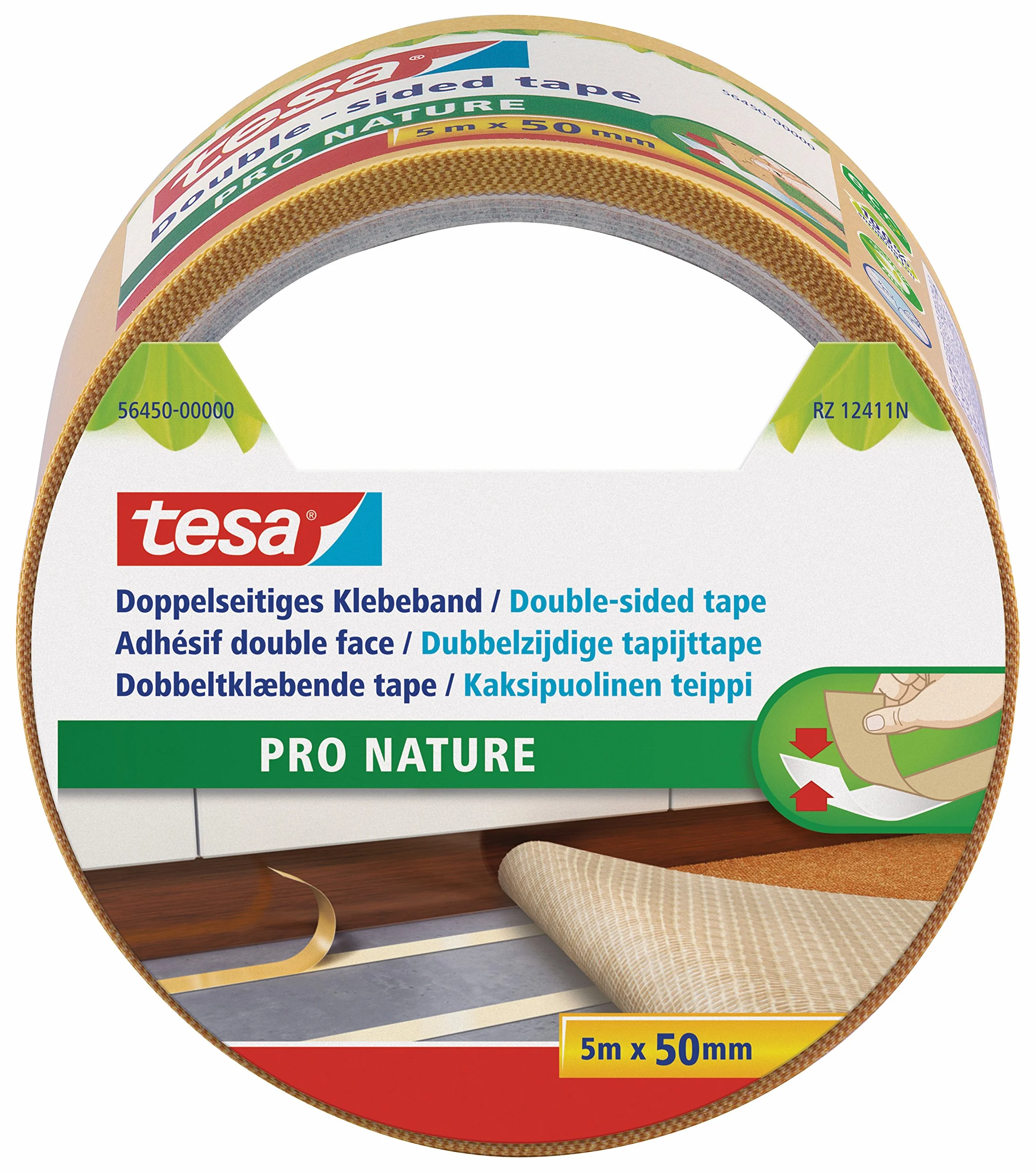 tesa Dwustronna taśma klejąca PRO NATURE – mocna i wszechstronna, nadaje się jako taśma do układania podłóg oraz do majsterkowania – wykonana w 100% z tworzywa sztucznego pochodzącego z recyklingu – 5