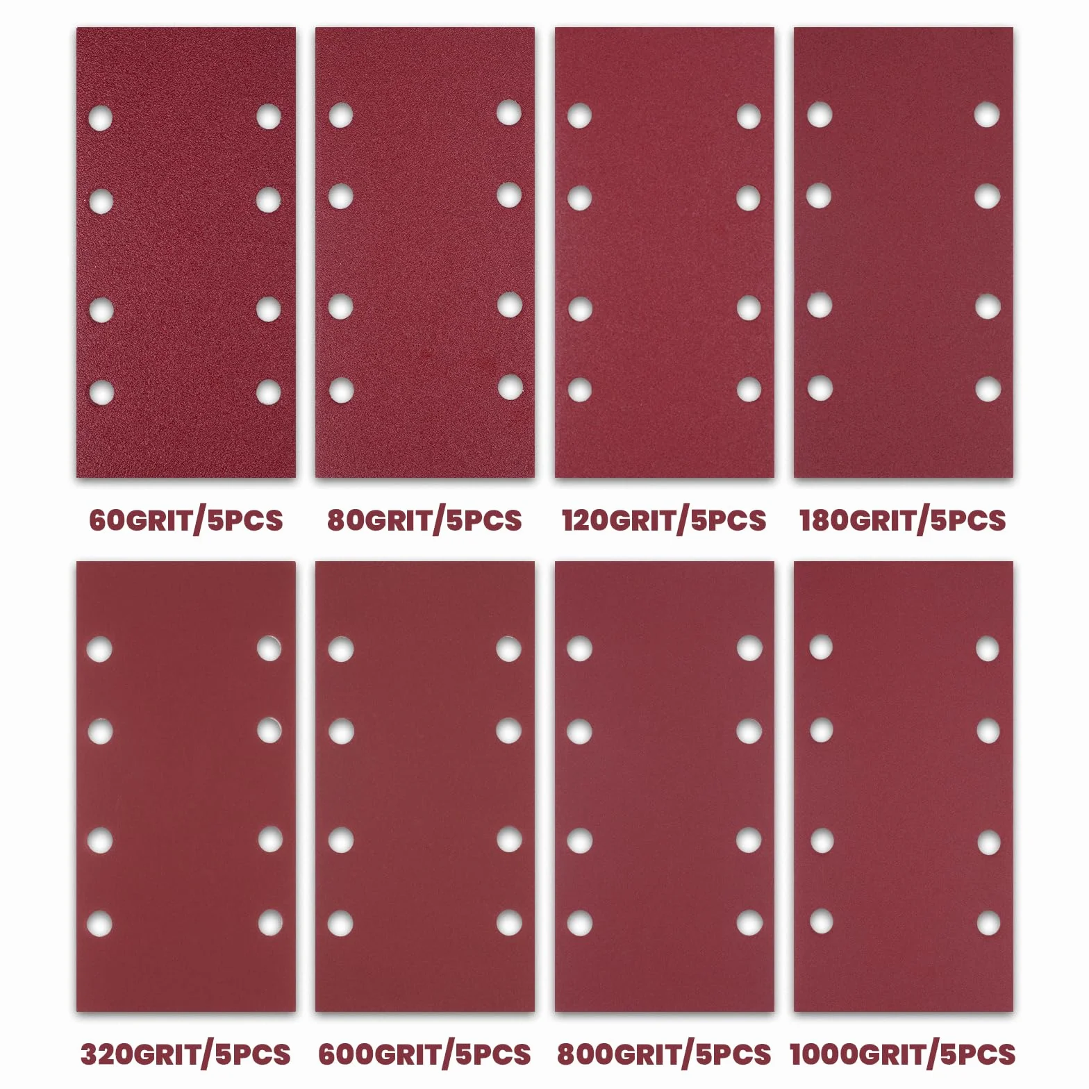 40 sztuk papieru ściernego, na rzep, ziarnistość: 60, 80, 120, 180, 320, 600, 800, 1000, 95 x 185 mm, papier ścierny do szlifierek oscylacyjnych, zestaw 8 otworów, prostokątna podkładka szlifierska do