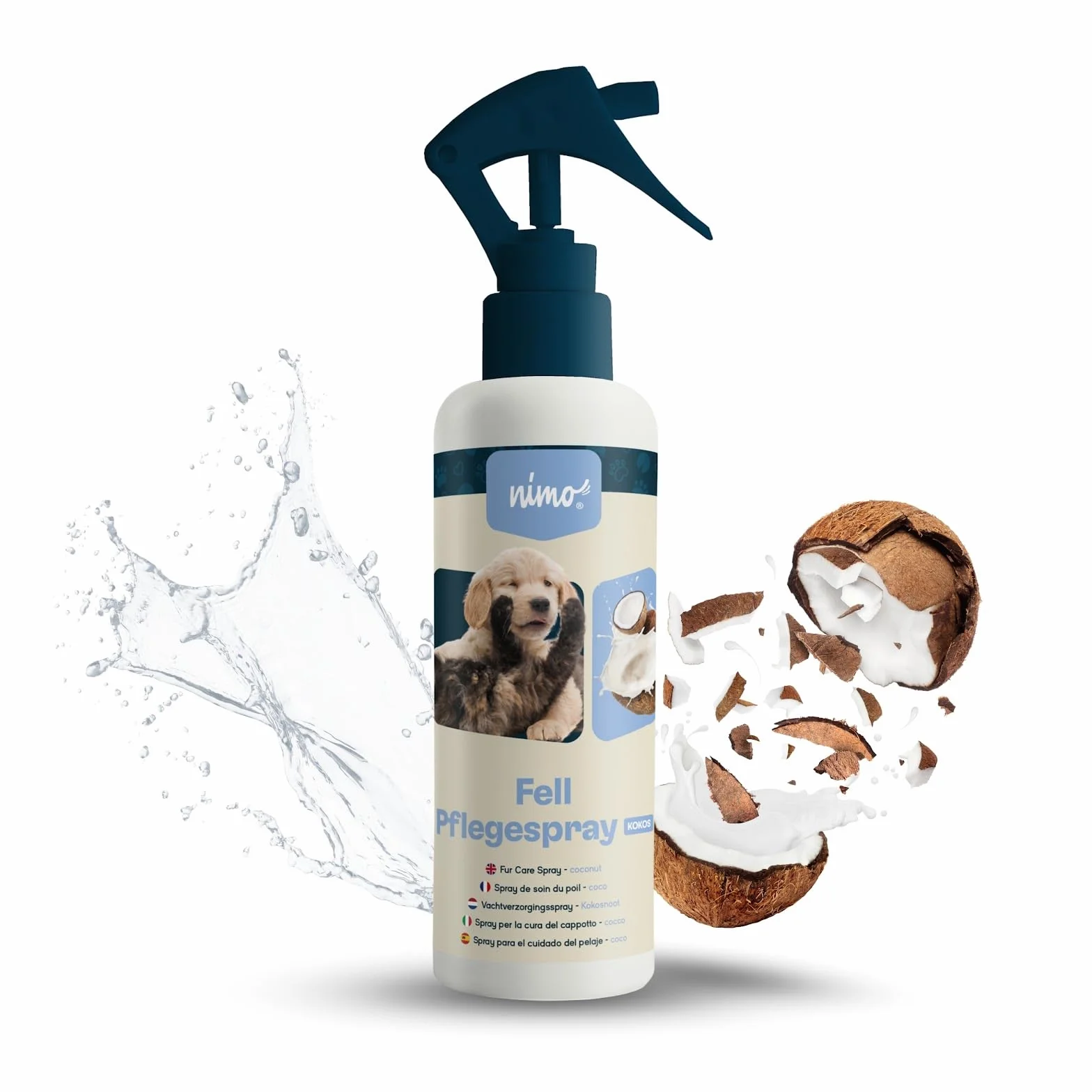 nimo® Spray do pielęgnacji futra kokosowego | dla psów, kotów i zwierząt domowych z kokosem | spray pielęgnacyjny dla błyszczącego i zadbanego futra | łatwiejsze rozczesywanie, pielęgnacja sierści,