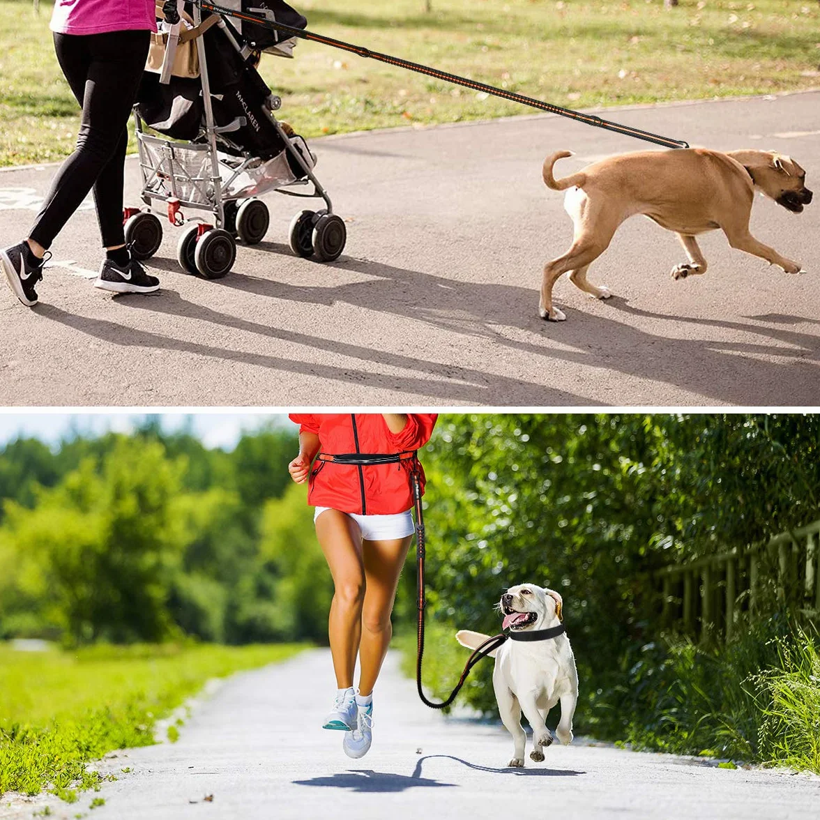 Philorn Smycz dla psa bez użycia rąk z etui na telefon, smycz dla psa do biegania / joggingu, amortyzująca wstrząsy podwójna rączka bungee (119-170 cm), odblaskowe szwy, regulowany pas biodrowy