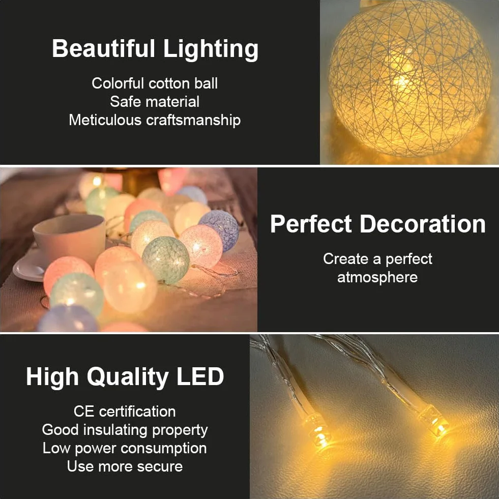 HOTUT Łańcuch świetlny z kulek bawełnianych, 3,3 m USB String Lights w kształcie kulek, łańcuch świetlny 20 LED z bawełnianymi kulkami do pokoju dziecięcego, wesele, imprezę, wystrój