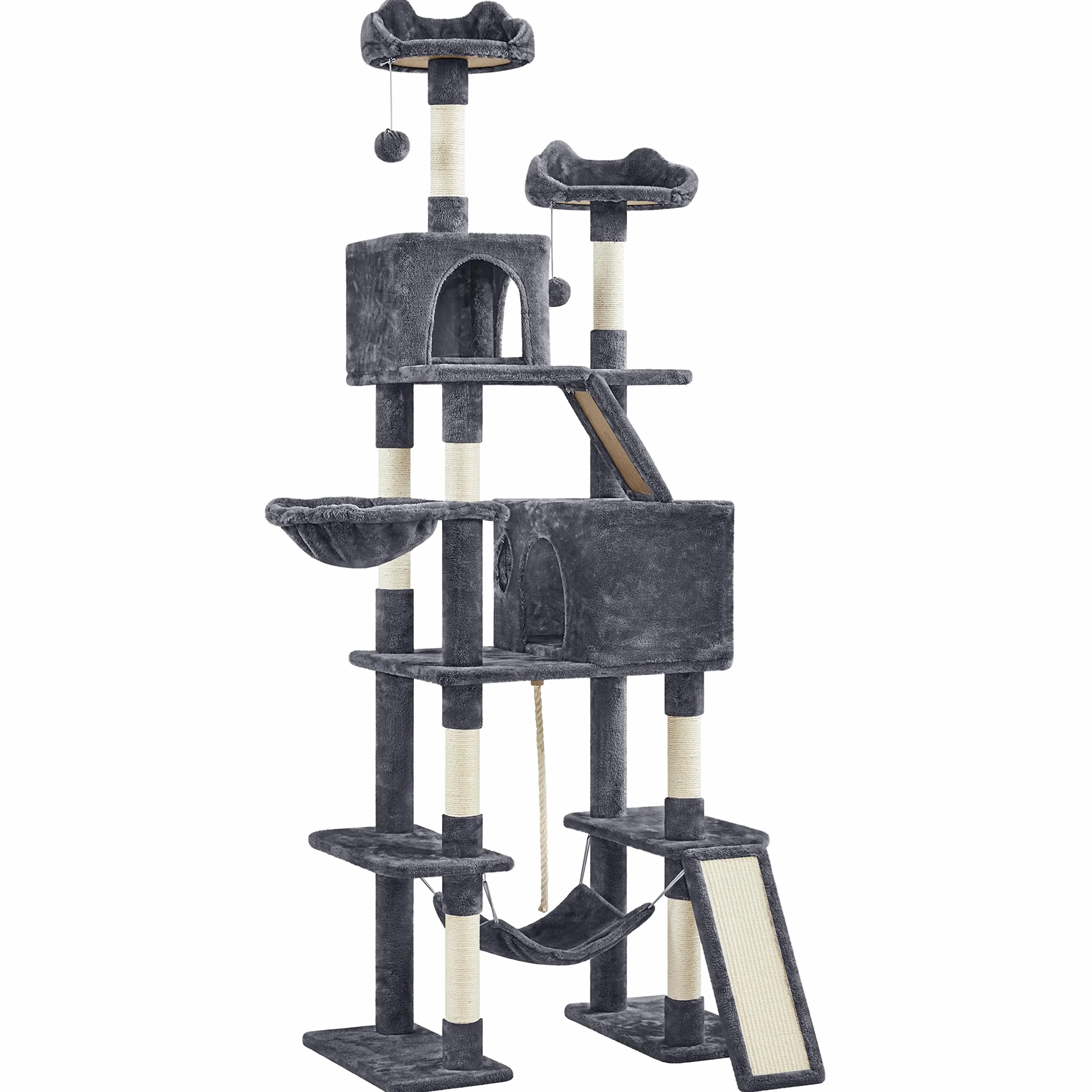 Yaheetech Drapak dla kota 206 cm, wysokość sufitu, rozmiar XXL, stabilne drzewko do wspinaczki dla dużych kotów z sizalową linką, kosz, hamak, ciemnoszary