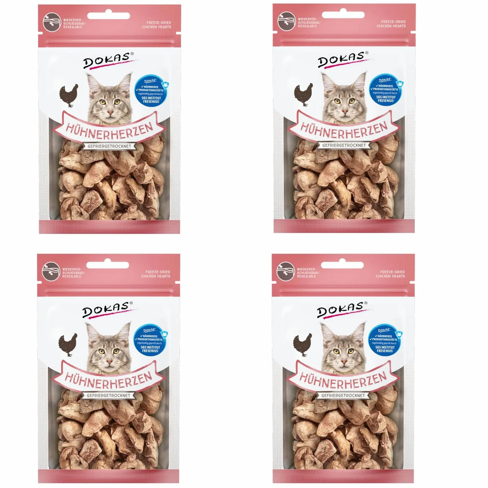Dokas Liofilizowane serca z kurczaka | 4 sztuki w opakowaniu | 4 x 15 g | smakołyki dla kotów | dzięki delikatnemu suszeniu w liofilizowaniu zachowuje 100% naturalnych składników odżywczych