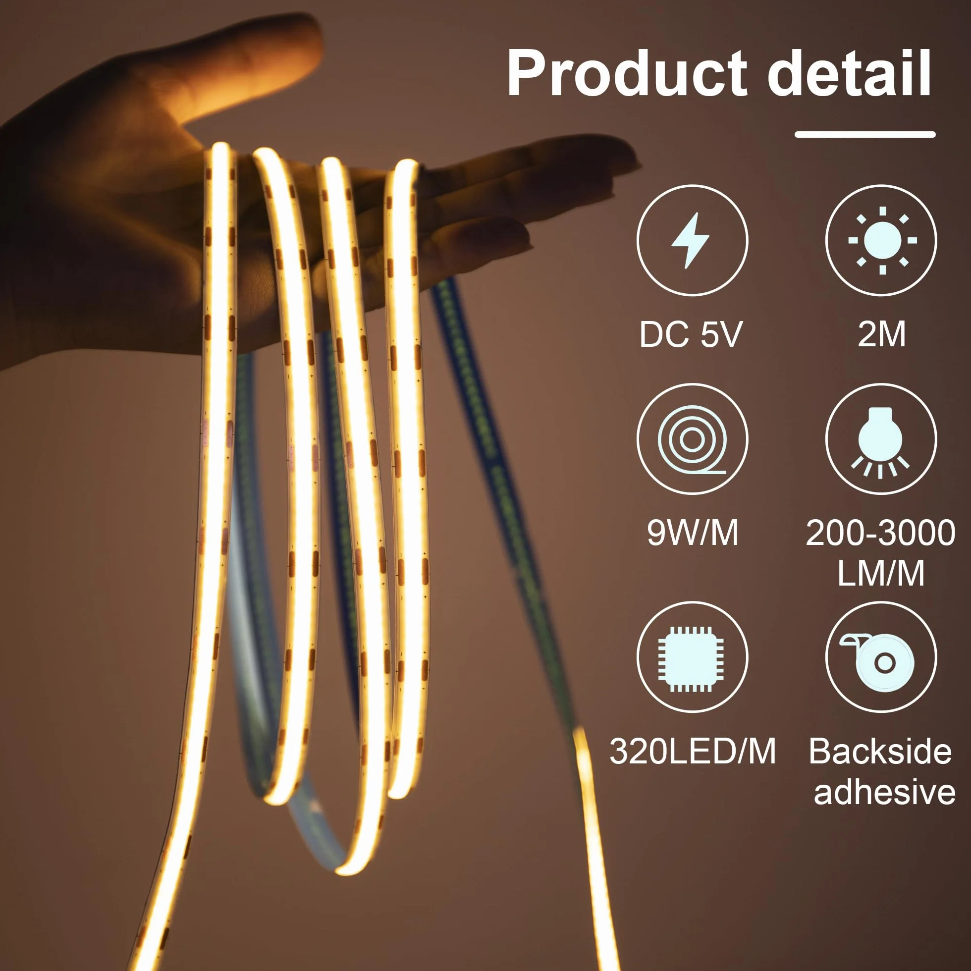 Macchiatto 2 m USB 5 V COB LED Strip ciepły biały 3000 K, 640 LED ściemnione światło Strip CRI90 +, COB LED Strip Spotless elastyczne do podświetlenia telewizora sypialnia kuchnia szafa