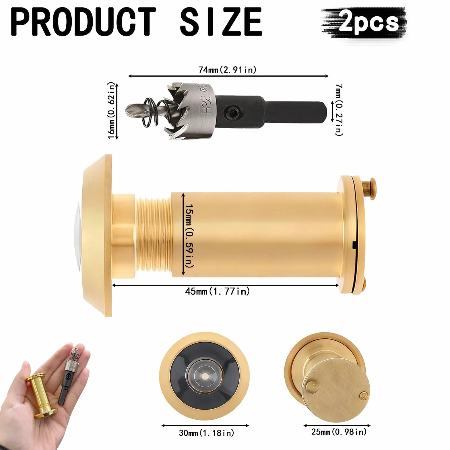 Wizjer do drzwi 200 stopni ze szkła HD, złote oko wołowe do drzwi 35-55 mm, w zestawie wiertło 16 mm, pokrywa zapobiegająca deptanie, maksymalne bezpieczeństwo i prywatność w domu