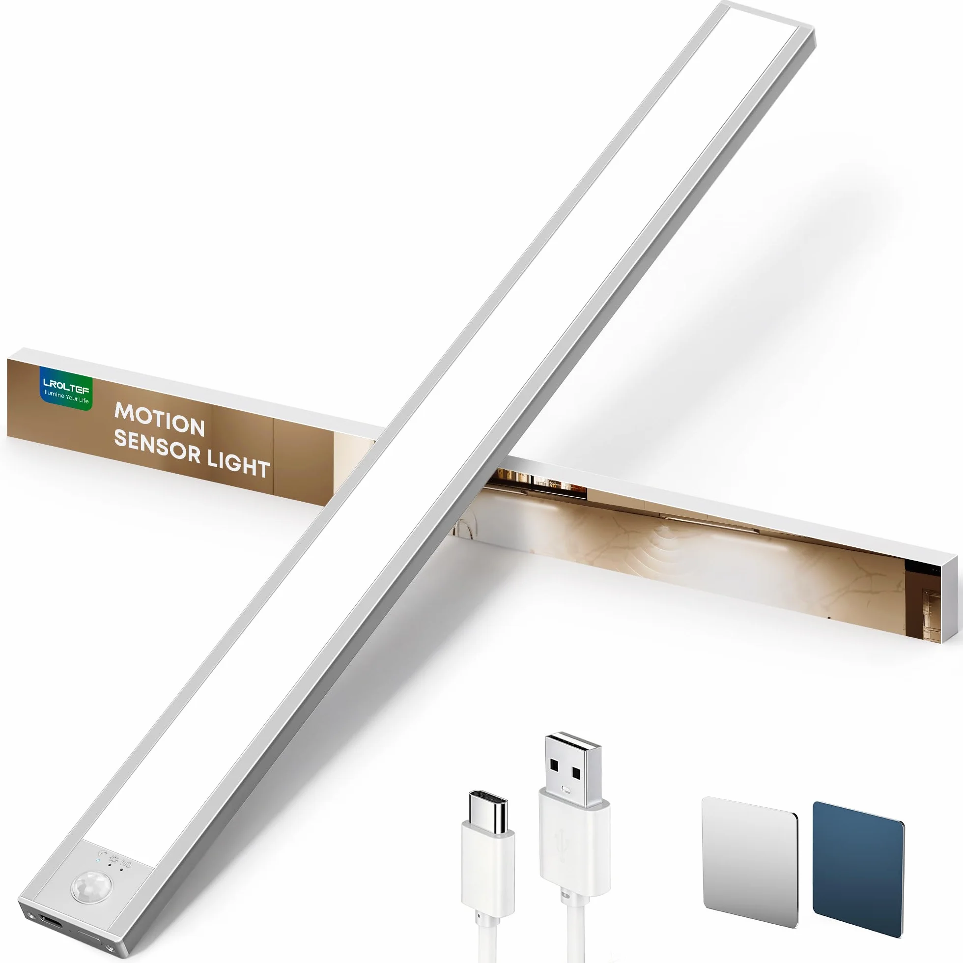 LROLTEF Oświetlenie pod szafkami kuchennymi z czujnikiem ruchu, możliwość ściemniania, 50 cm, 3000 mAh, 6500 K, diody LED, pod szafkami, ładowane przez USB-C, czujnik do garderoby, nocne światło do