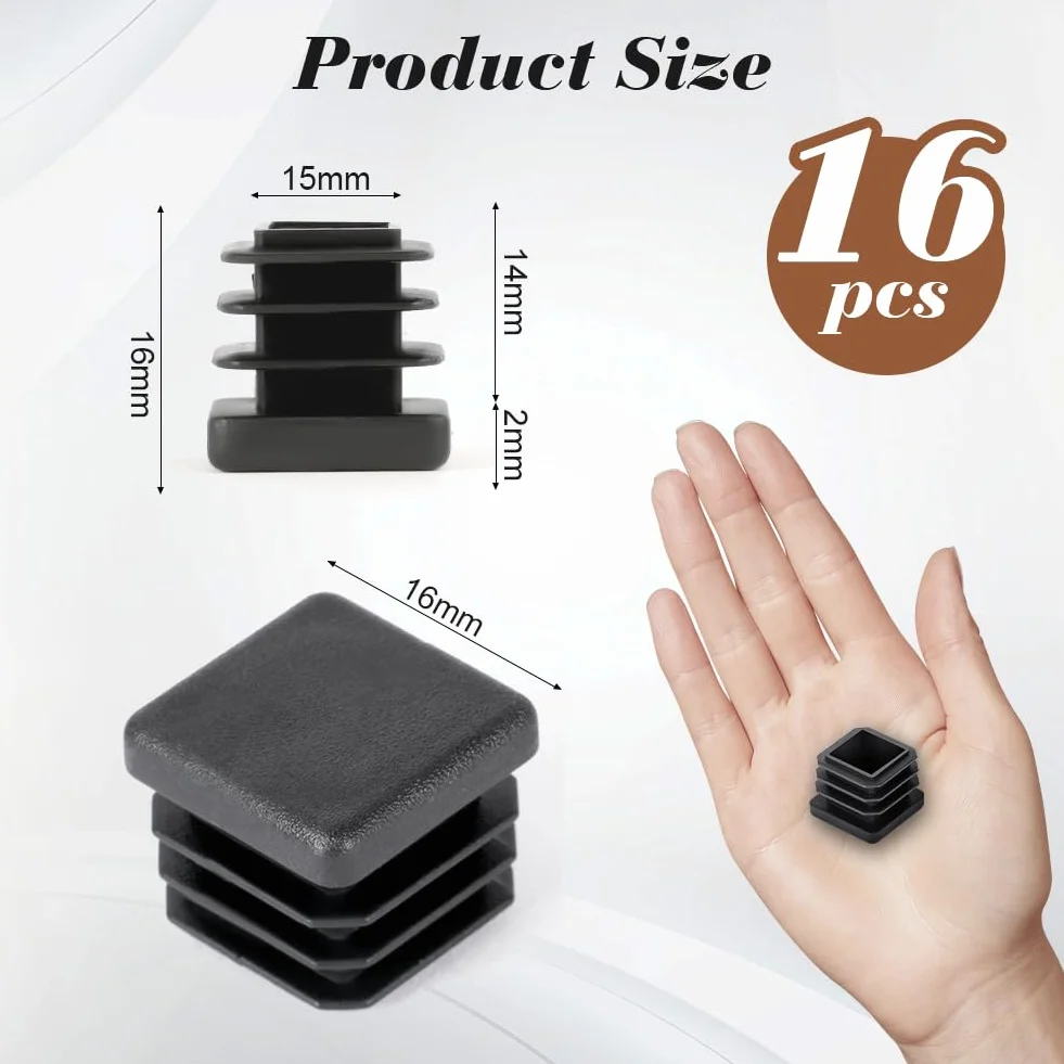 OSDUE Kwadratowe plastikowe zaślepki, 16 szt., 16 x 16 mm, czarna plastikowa zatyczka, antypoślizgowe podkładki pod nóżki mebli, nakładki na nóżki stołu, ochraniacze podłogi do łóżka, krzesła, sofy