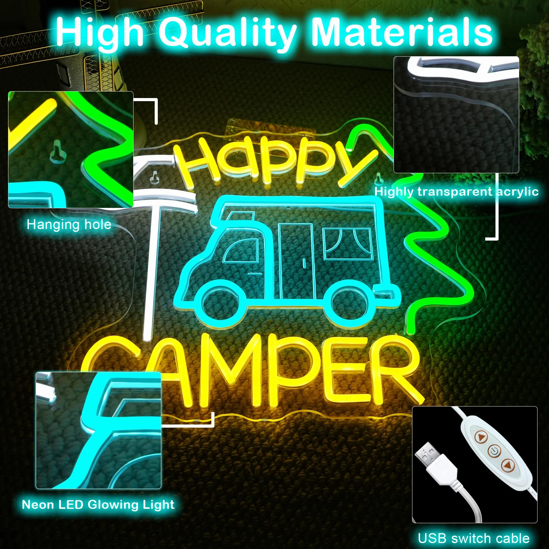 Szyld neonowy Happy Camper, szczęśliwy camper LED, napis LED do kamperów, reklama świetlna do dekoracji miejsc takich jak kemping, pikniki, biwak, namiotowe miejsce, taras, ogród