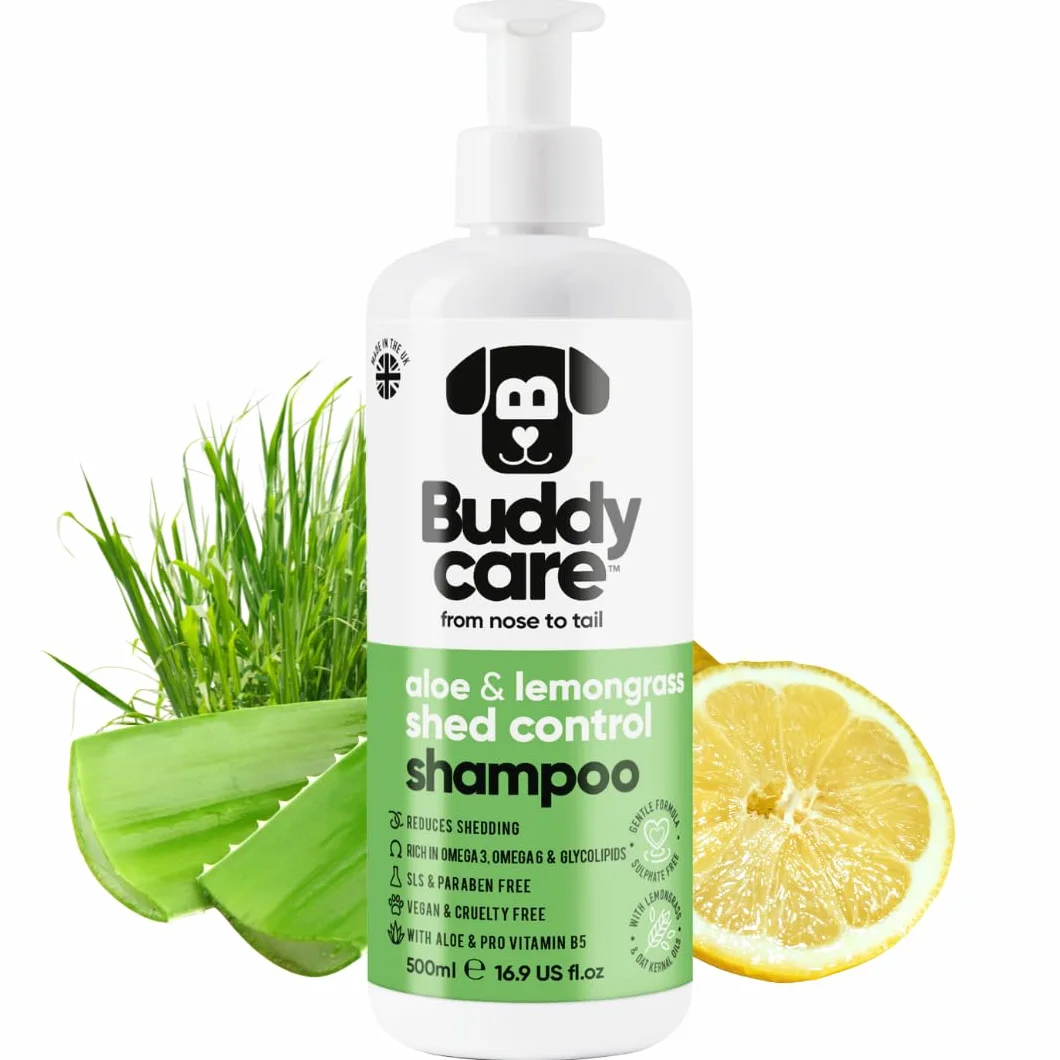 Buddycare Shed Control szampon dla psów, 500 ml, o zapachu aloesu i trawy cytrynowej, z aloesem i pro witaminą B5, szampon dla szczeniąt, delikatna formuła dla wszystkich ras, wegańska i wolna od