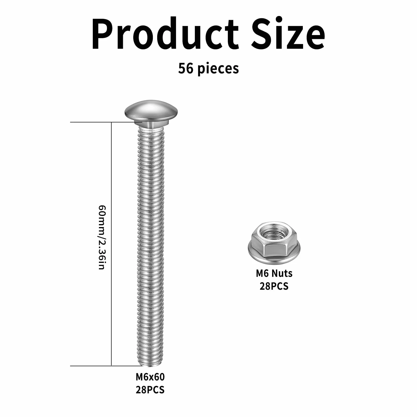 56 sztuk śrub zamkowych M6 x 60 mm, stal nierdzewna, śruby blokujące ze stali nierdzewnej, śruby do bramki, zestaw śrub z łbem płaskim z nakrętkami kołnierzowymi