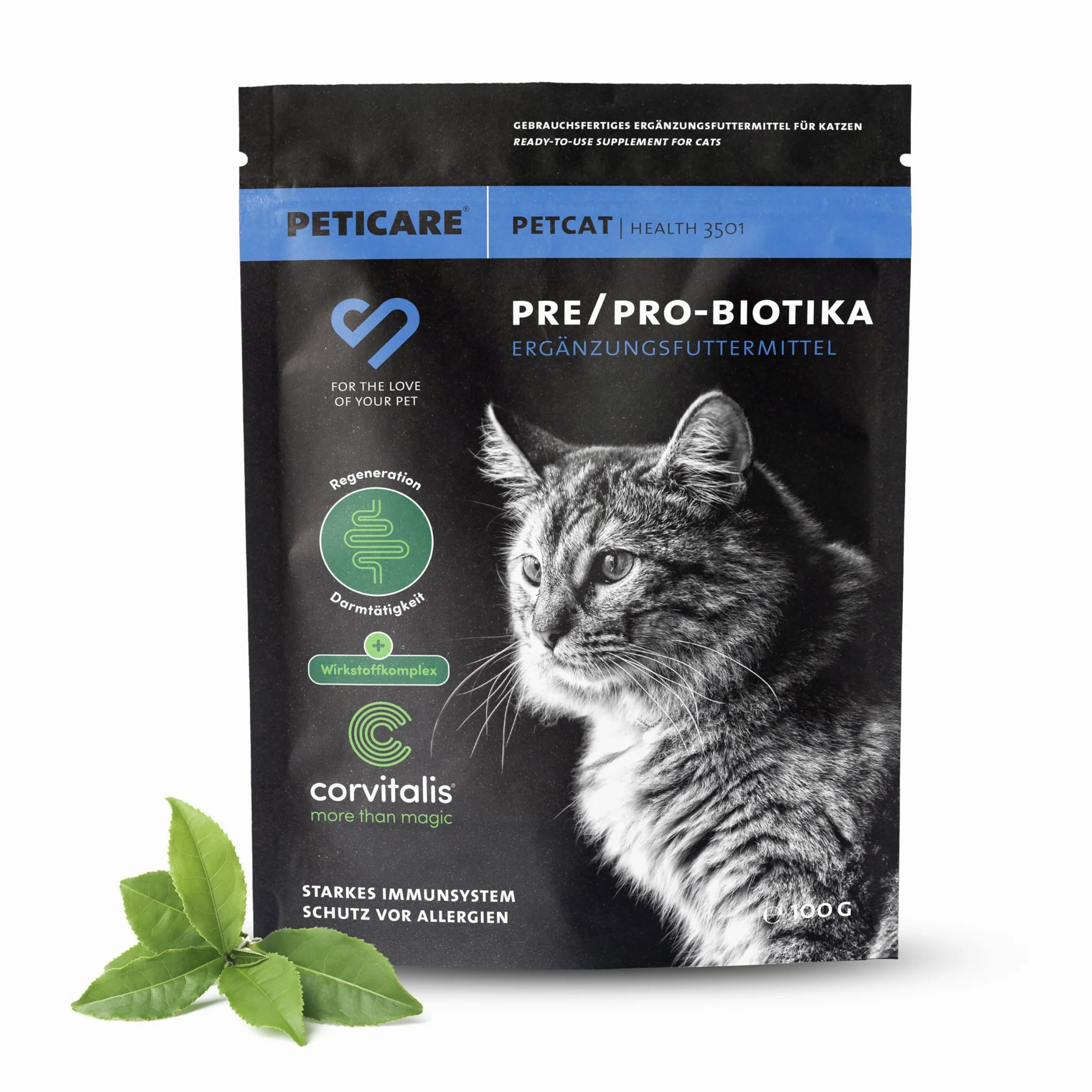 Peticare Prebiotyki i probiotyki dla kotów, wzmacniają układ odpornościowy, regenerują jelit, odbudowują florę jelitową, łagodzi podatność na alergię i swędzenie | z innowacyjnym kompleksem