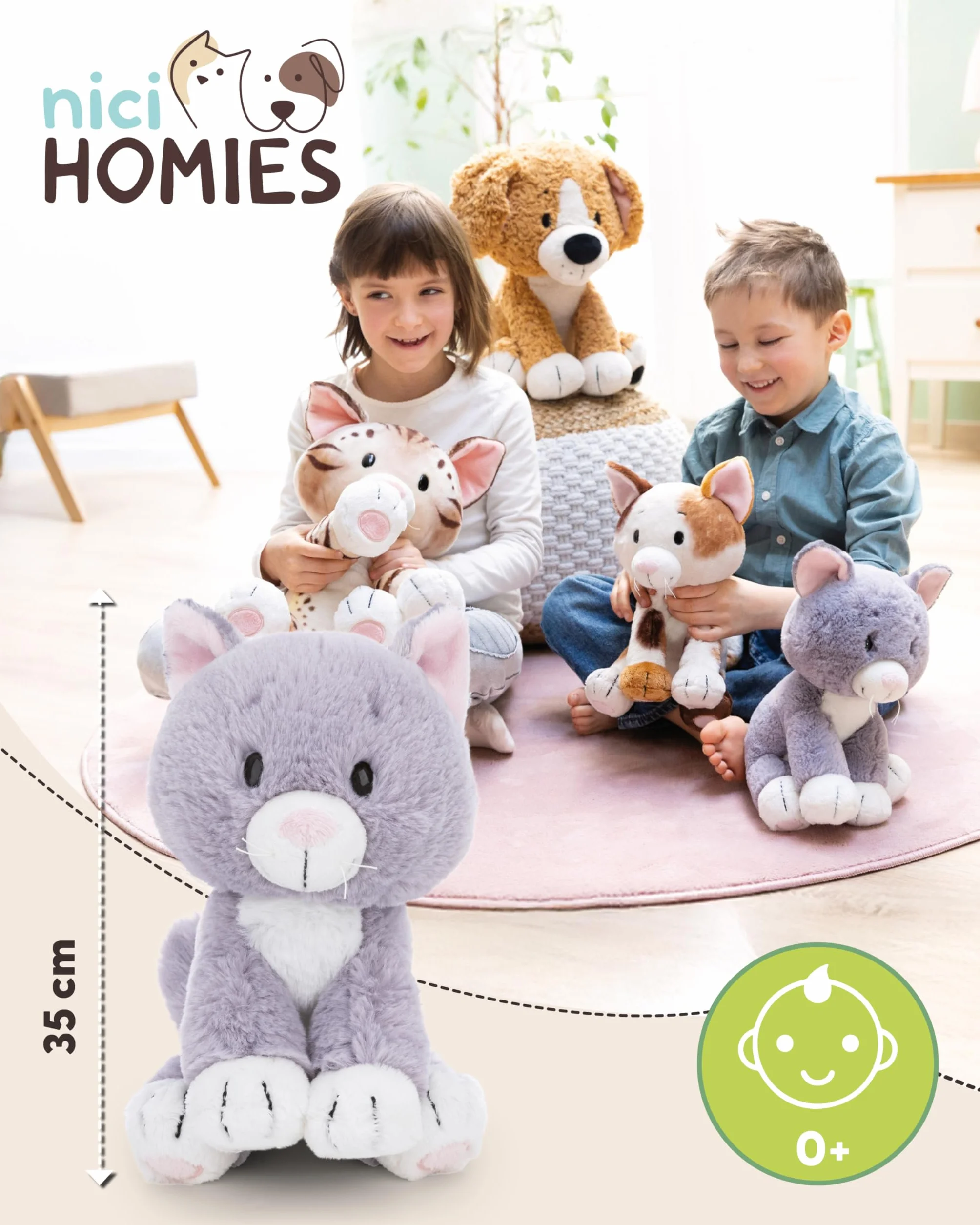 NICI pluszowy kotek, miękki pluszak, urocza pluszowa zabawka do przytulania i zabawy, świetny pomysł na prezent dla dzieci i dorosłych, 35 cm, szary - 62157