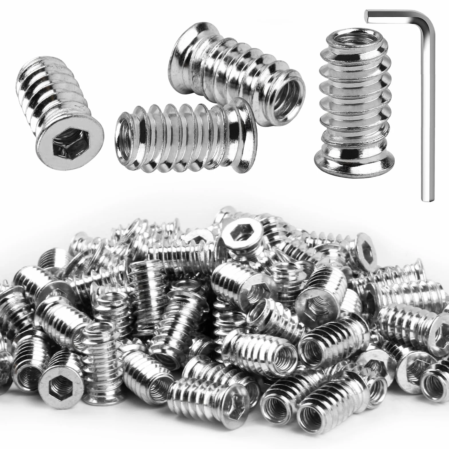 100 sztuk nakrętek wkręcanych M6 x 20 mm, wkładka gwintowana do drewna, mufy wkręcane, wkładki gwintowane ze stali ocynkowanej, tuleje wkręcane, tuleje gwintowane do mebli drewnianych