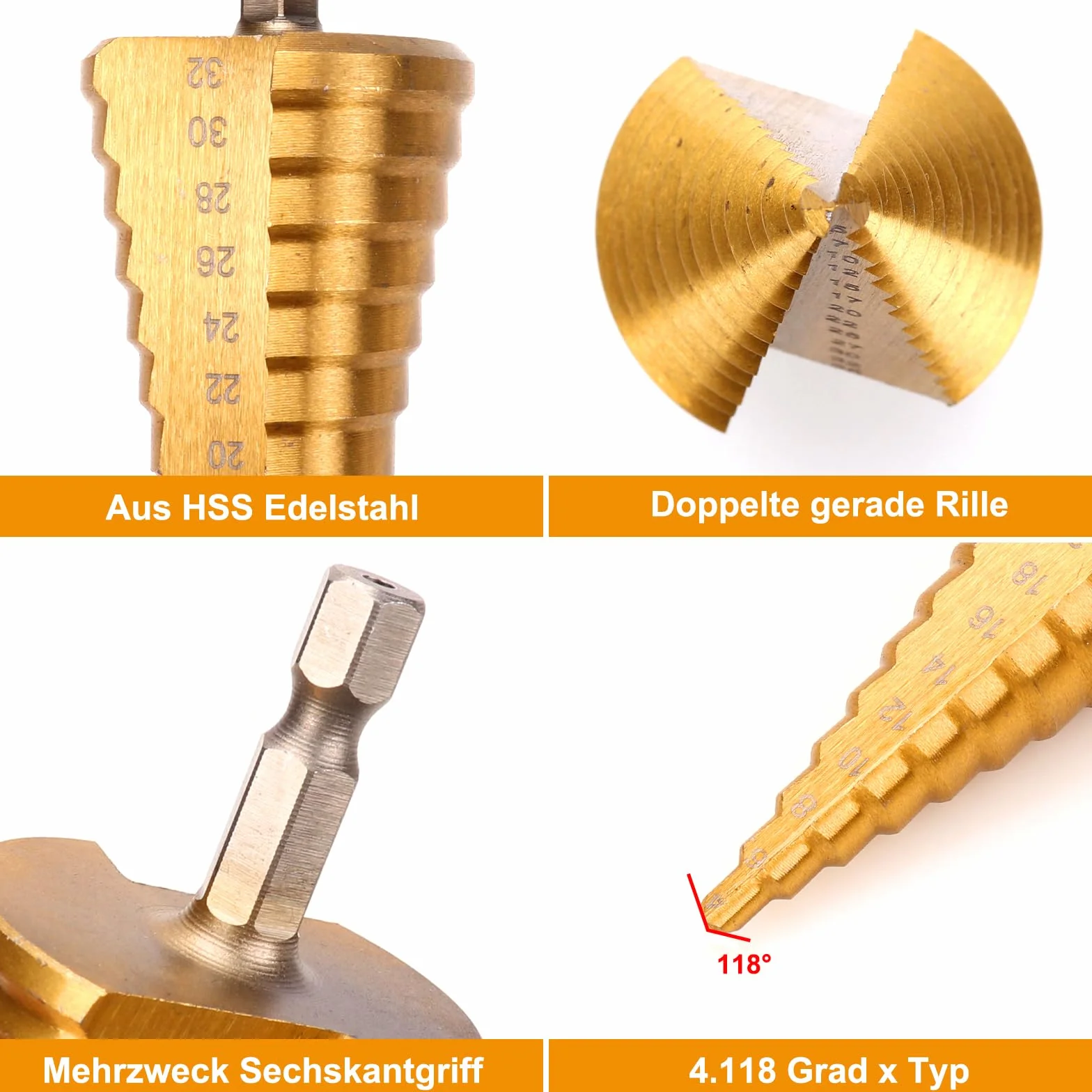 HSS zestaw wierteł stopniowych, 6 szt. z rowkiem spiralnym, 5-częściowy zestaw wierteł stożkowych (4-12 mm/3-13 mm/4-20 mm/4-32 mm/5-35 mm) i 1 automatyczny stempel centralny 13 cm, powlekane