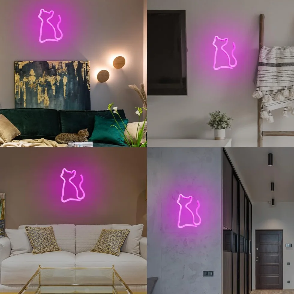 Neonowy znak świetlny z kotem, zasilany baterią USB lub 3 AA neonowy znak, światło LED, artystyczna dekoracja ścienna do sypialni, pokoju, dekoracja ścienna, bar, impreza, Boże Narodzenie