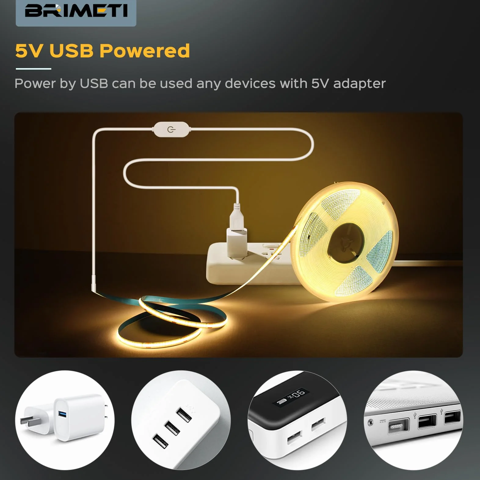 USB 5V COB Taśma LED 2M Zimna Biel 6000K Sciemniana Elastyczna Samoprzylepna 320LEDs/M Swiatła TV LED Paski CRI90+ Podłogowa Kuchnia Domu TV Lustra Podłogowa