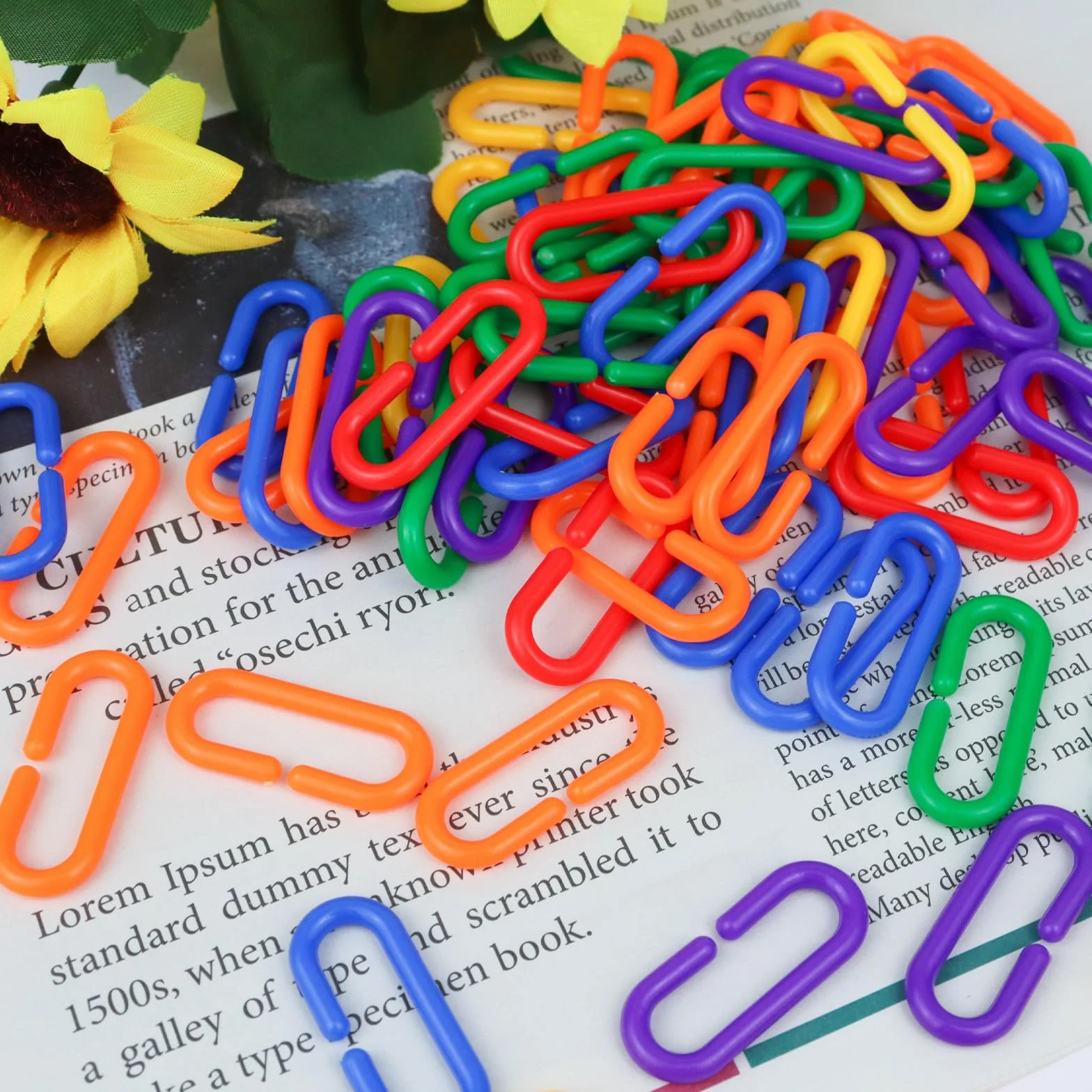 100 szt. plastikowy łańcuch dla ptaków, kolorowe klipsy C, plastikowy łańcuch dla ptaków, do huśtawki, wspinaczki, łańcuszka, papugi, ptaków, zabawka dla papugi, ptaków, (wielokolorowe)