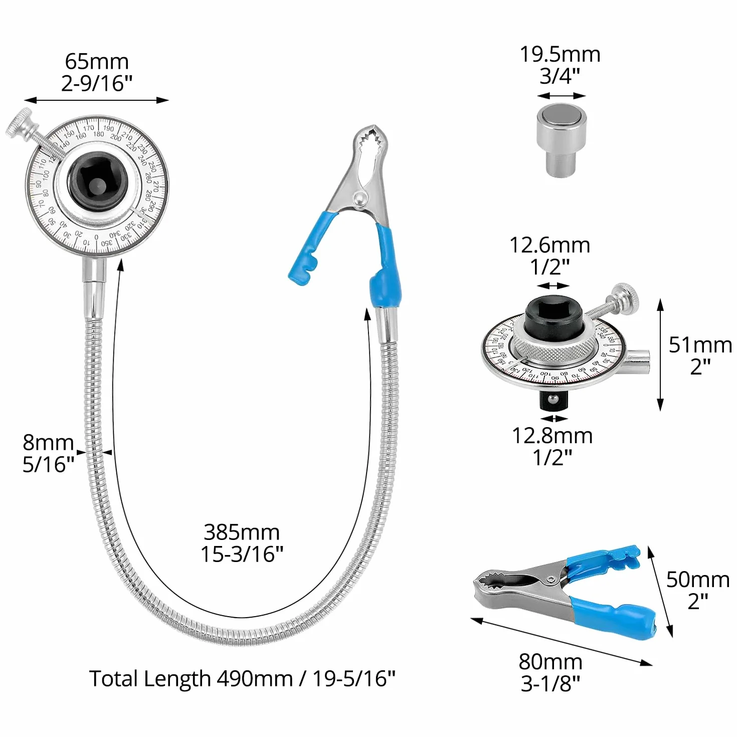 QWORK 1/2" obrotowy miernik kątowy z ramieniem magnetycznym i obrotowym