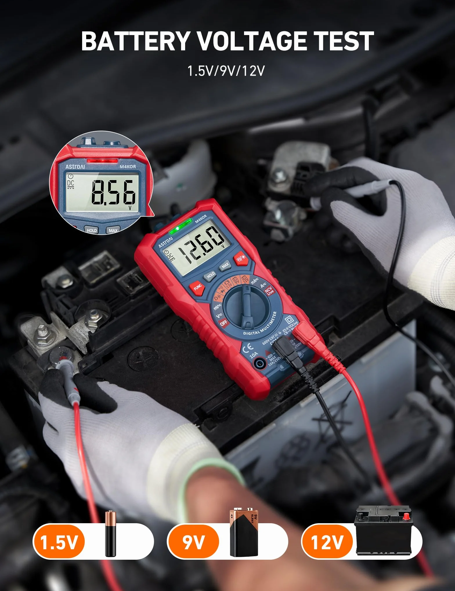 AstroAI Multimetr cyfrowy, 4000 zliczeń, miernik rzeczywistej wartości skutecznej, automatyczny zakres woltomierza 1,5 V / 9 V / 12 V, tester napięcia akumulatora, pomiar napięcia rezystancji diody, woltomierz ciągłości obwodu elektronicznego z funkcją be