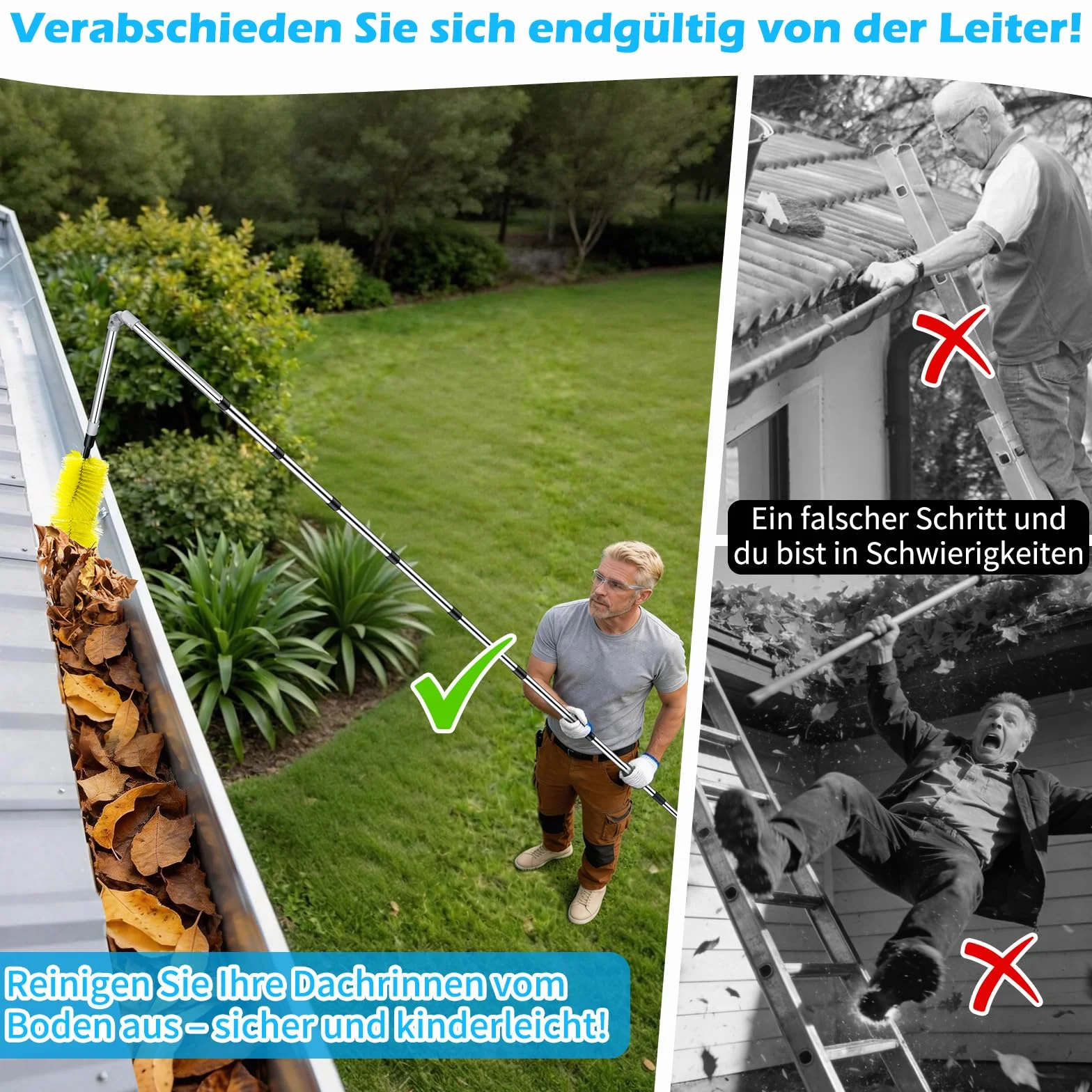 Hysagtek Środek do czyszczenia rynien dachowych – 4 m środek do czyszczenia rynny deszczowej z trzonkiem teleskopowym, szczotka do rynien dachowych z obrotową głowicą o 180°, do rynien dachowych i