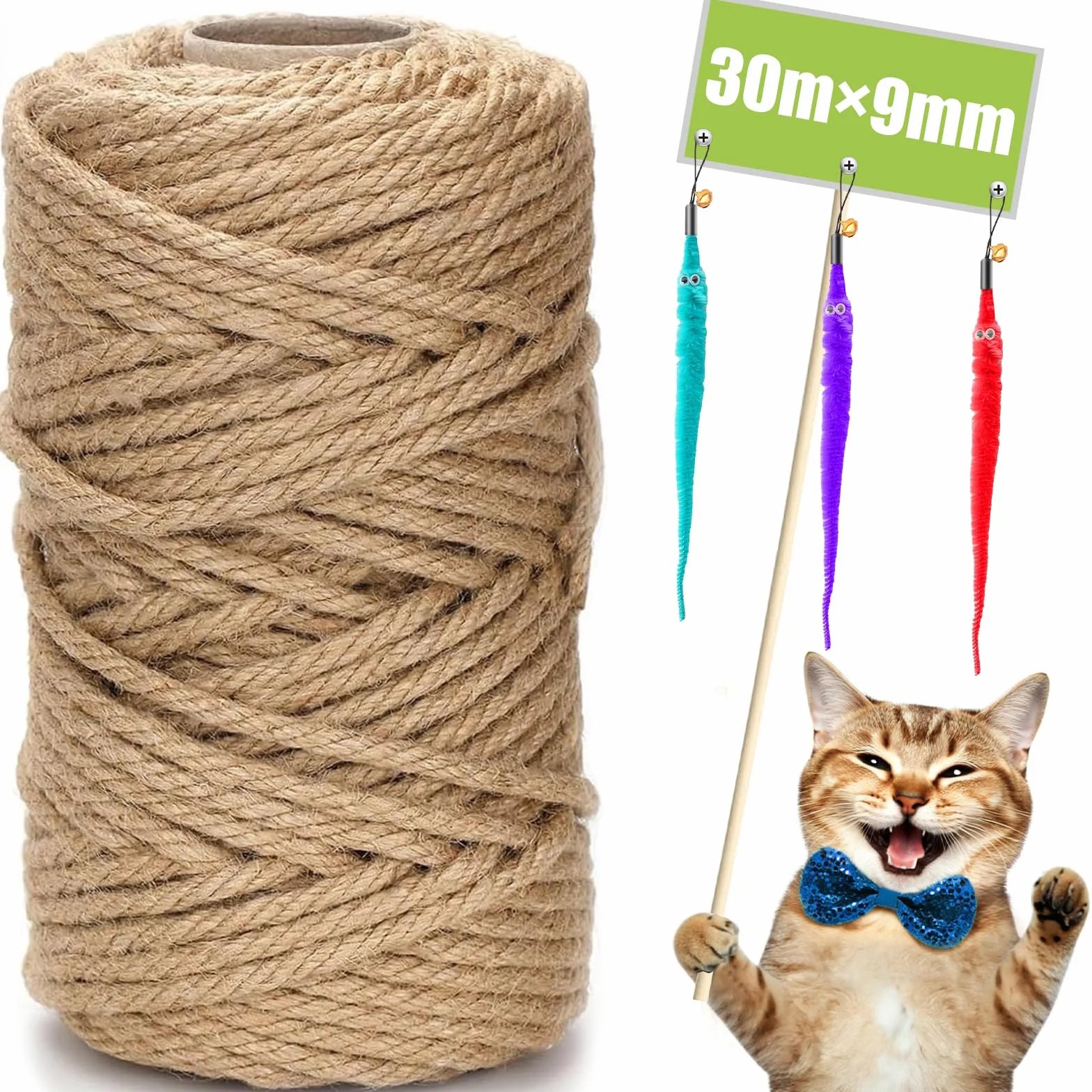 Lina sizalowa do drapaka, 9 mm x 30 m, naturalna lina sizalowa, sznurek sizalowy z 3 zabawkami dla kotów, drapak, lina sizalowa dla kotów, drapak, lina do drapania, gospodarstwo domowe, DIY, do