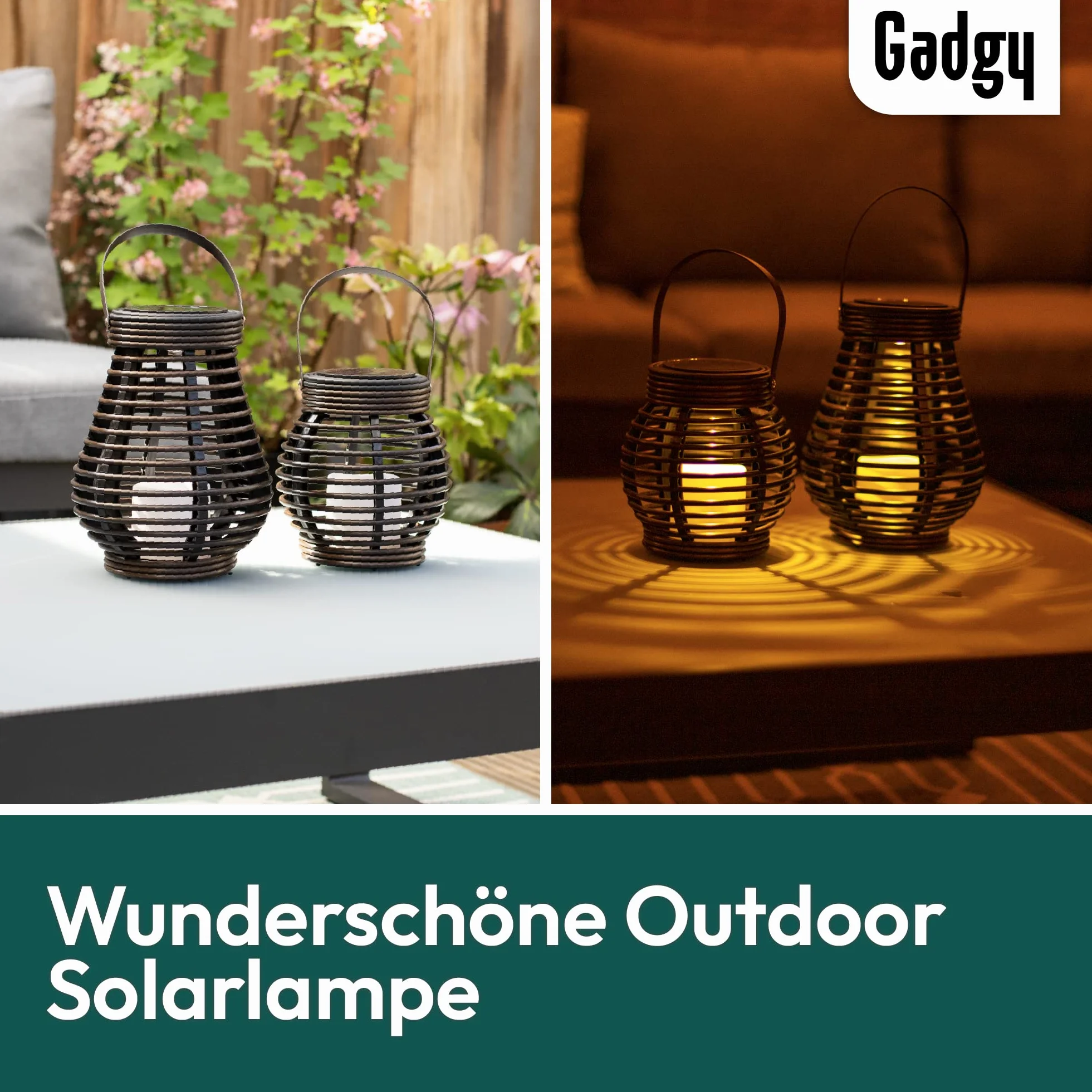 Gadgy ® Zestaw solarnych latarni ogrodowych rattanowe | brązowy marmurkowy plastik | 2 sztuki kształt kropli i kuli l światło ogrodowe na zewnątrz