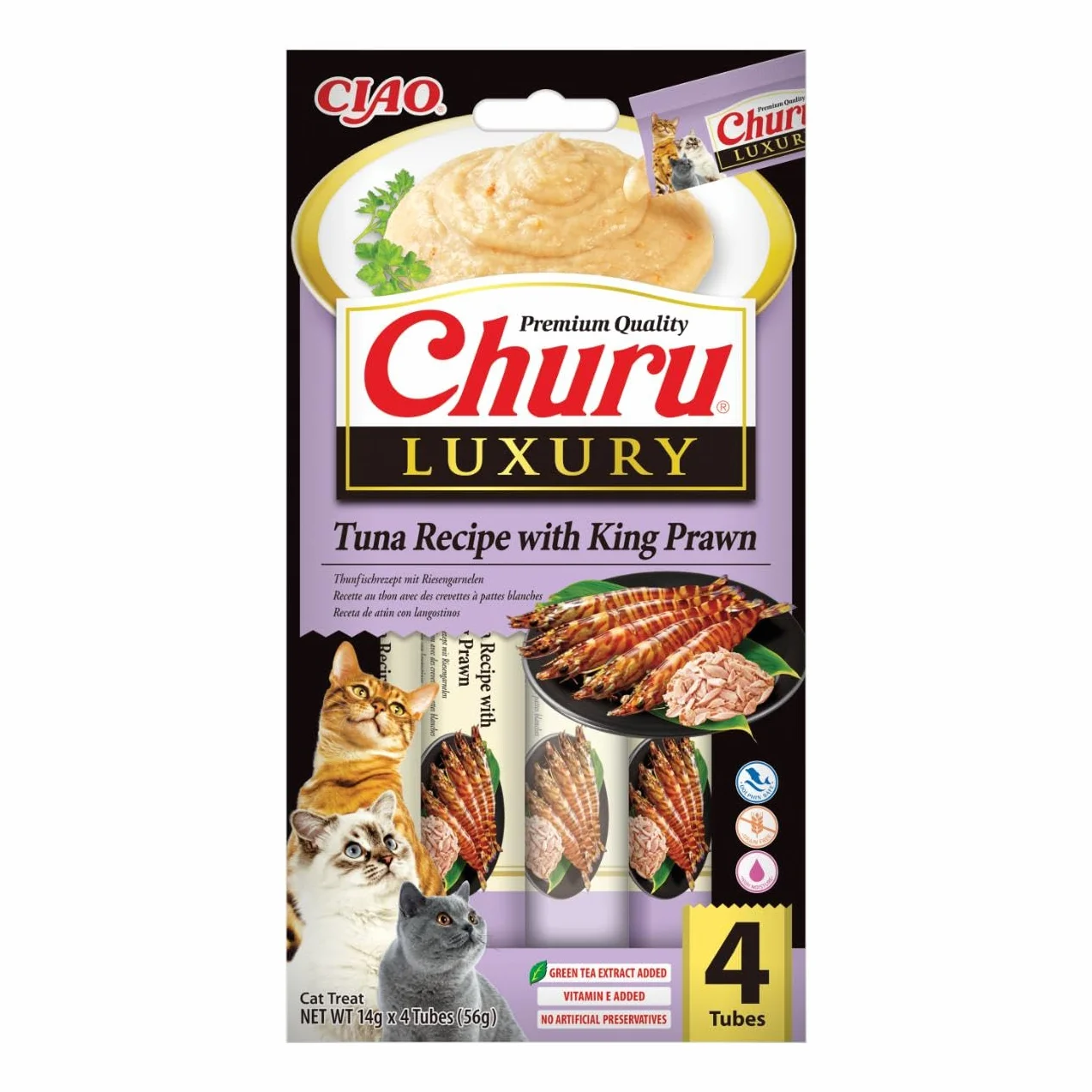 INABA Churu Luxury kremowe przekąski dla kotów z tuńczykiem i krewetkami - 1 opakowanie (4 x 14 g) - pyszne i wysokiej jakości karma dla kotów do lizania - Przekąski dla kotów bez konserwantów i