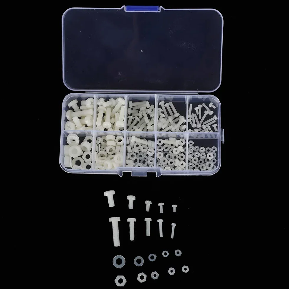 Nylonowe Plastikowe śruby M2, M2,5, M3, M4, M5 Asortyment Nakrętek i Podkładek z Przezroczystym Pudełkiem do Przechowywania, 270 szt. (Biały 270-częściowy zestaw śrub nylonowych)