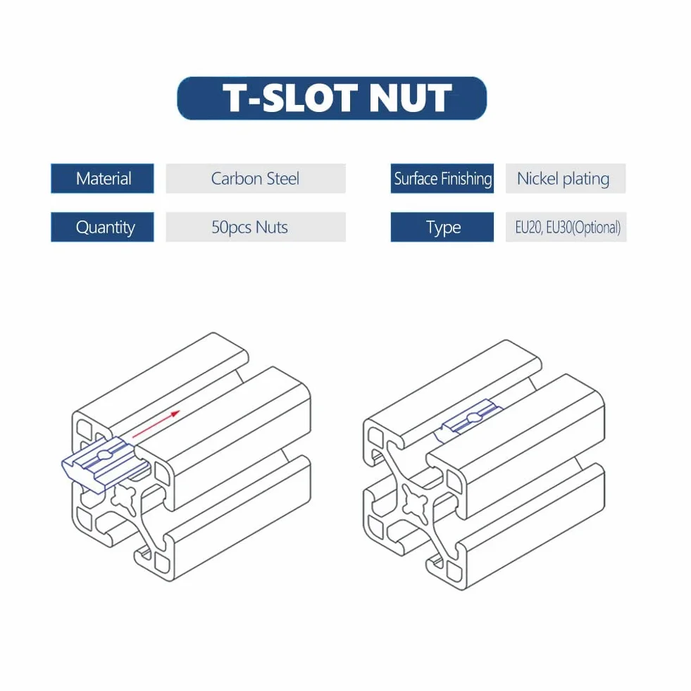 Nakrętki rowkowe T-slot M5 stal węglowa 50 sztuk do profili aluminiowych EU20 niklowane