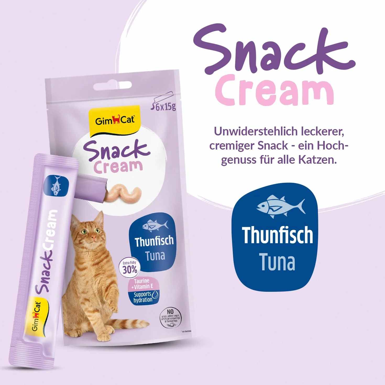 GimCat Snack Cream Tuńczyk – pyszny krem na przekąski dla kotów w praktycznych, pojedynczo zapakowanych porcjach – 6 sztuk (6 x 15 g)