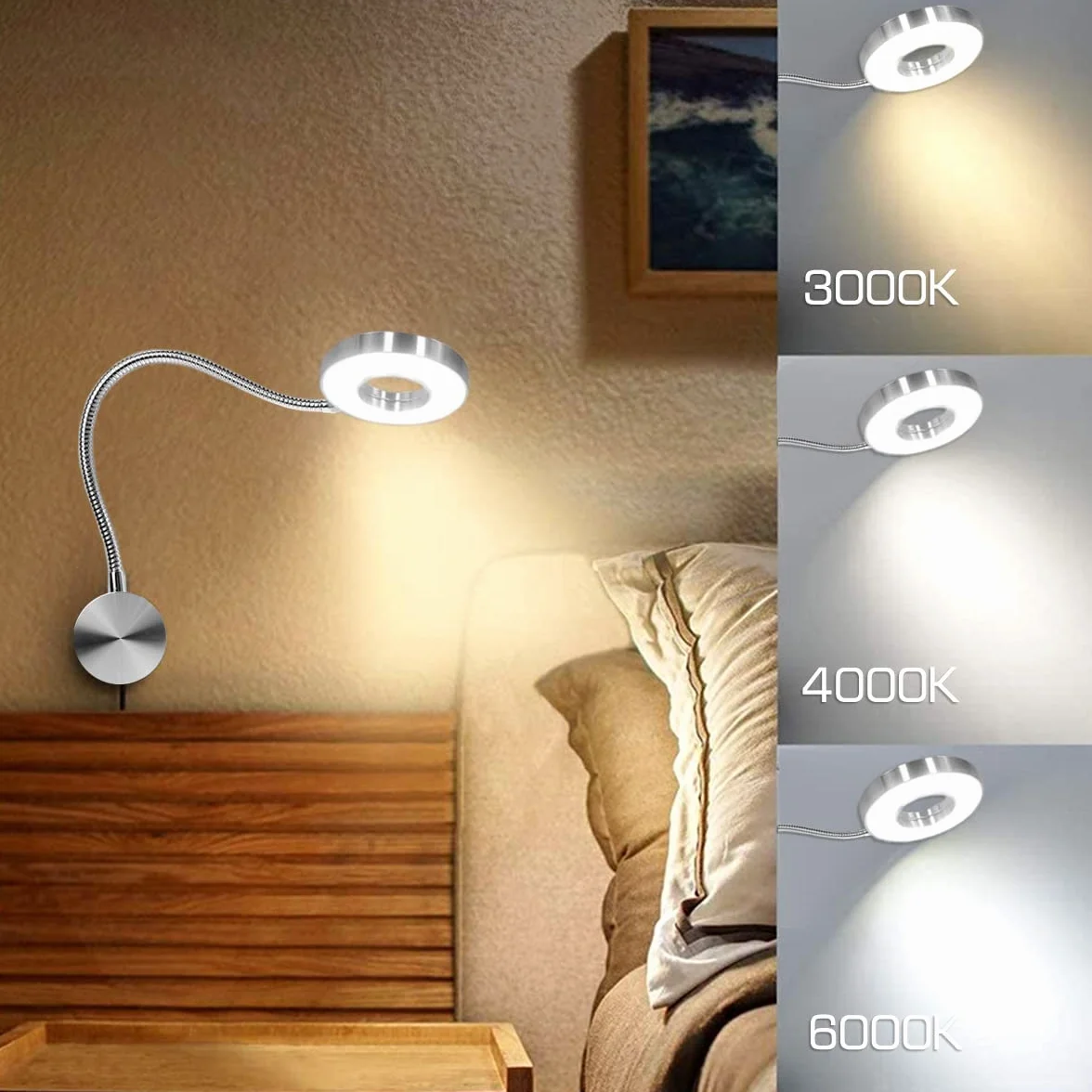 LANMOU Lampa do czytania ścienna – 5 W LED lampa ścienna z wtyczką – ściemniacz i 3 temperatury barwowe – lampka do czytania na łóżku – 40 cm – kabel USB – 420 lm – lampka nocna aluminiowa – ochrona