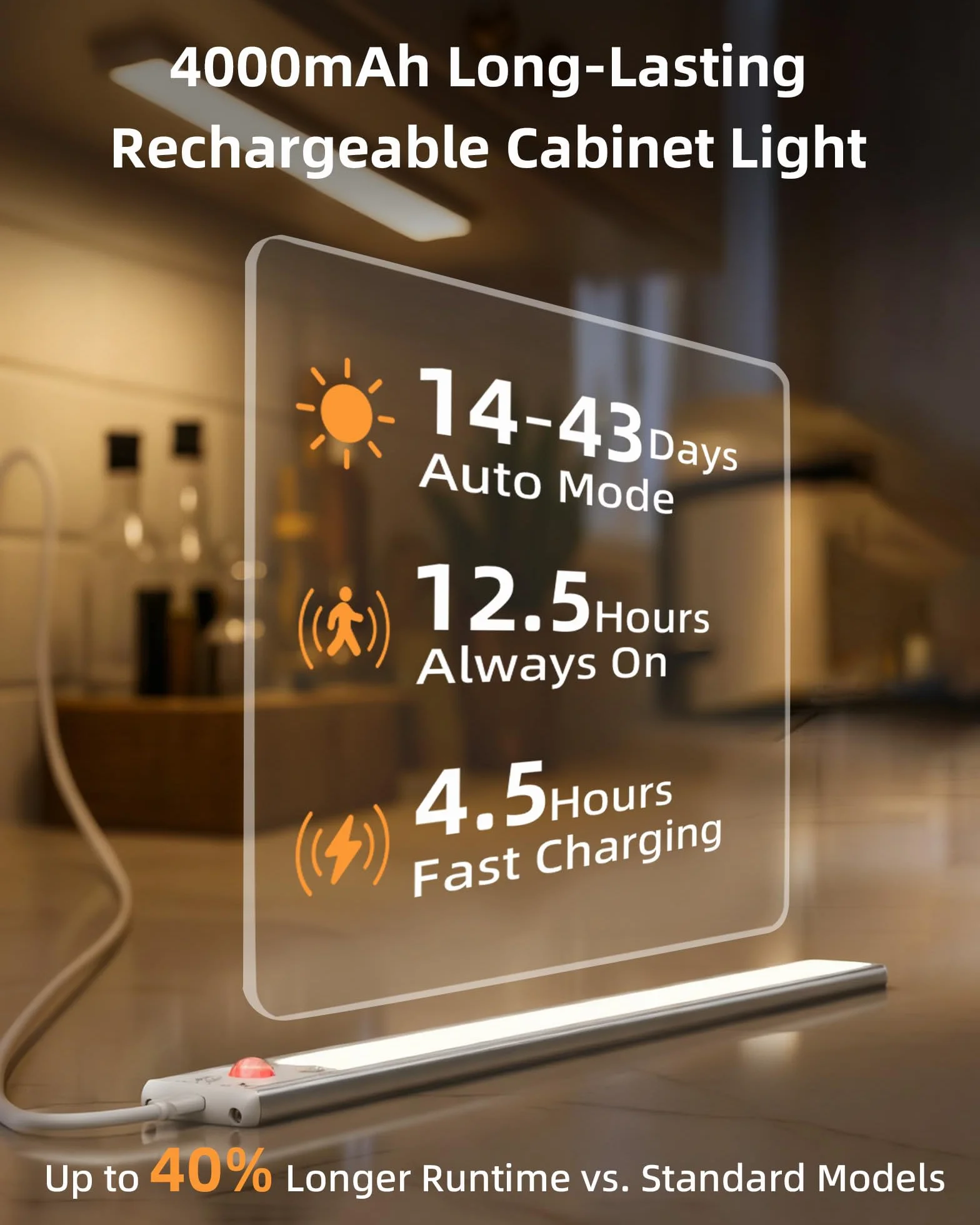 EZVALO Oświetlenie szafki LED, 37 cm, 134 diody LED, bezprzewodowe, z czujnikiem ruchu, 3200 mAh, ładowane, 3 tryby kolorów, możliwość ściemniania, oświetlenie szafy, kuchni, srebrny (2 sztuki)